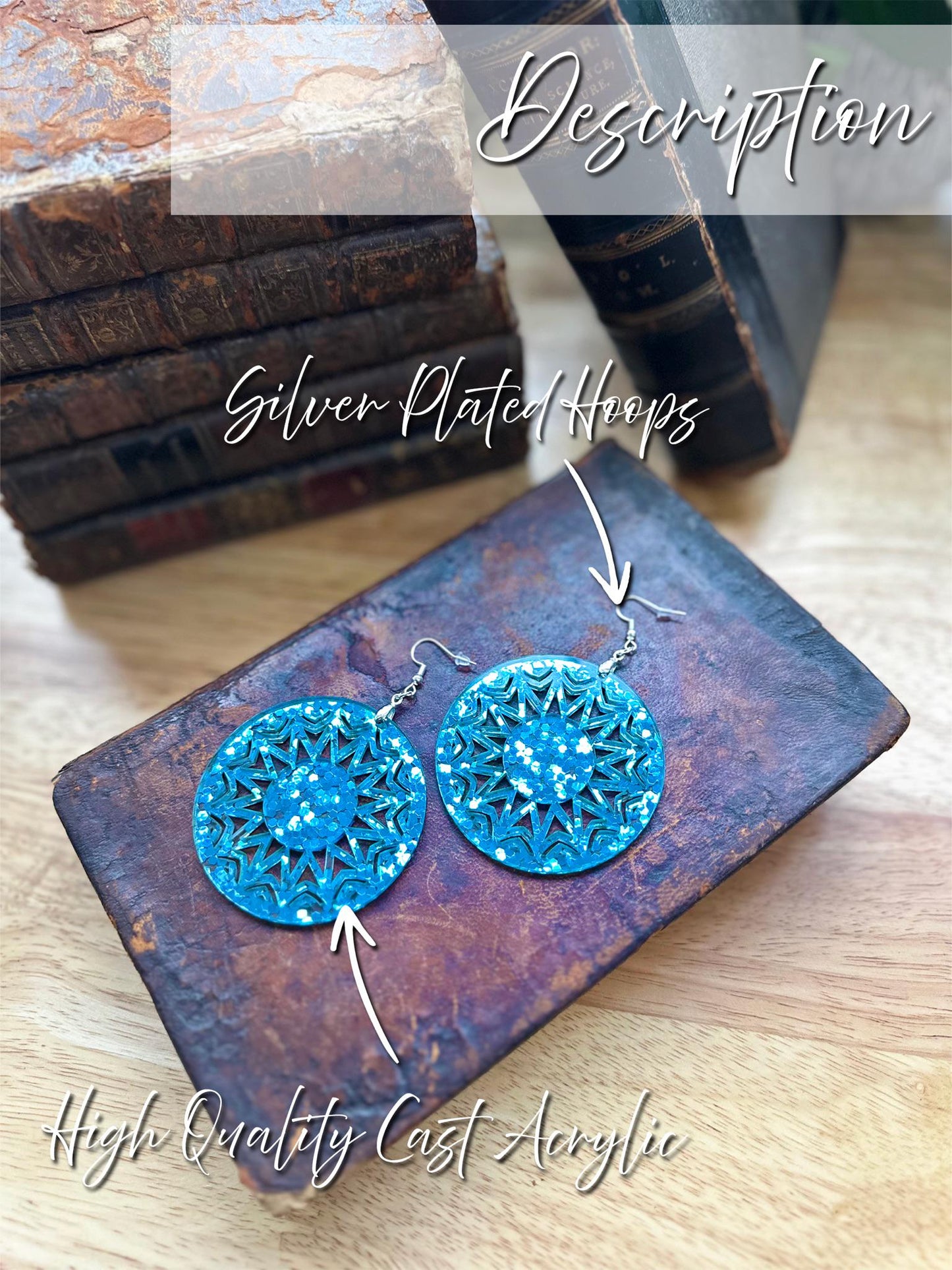 Sparkling Blue Mandala Earrings | Lightweight Round Acrylic Dangle Jewelry