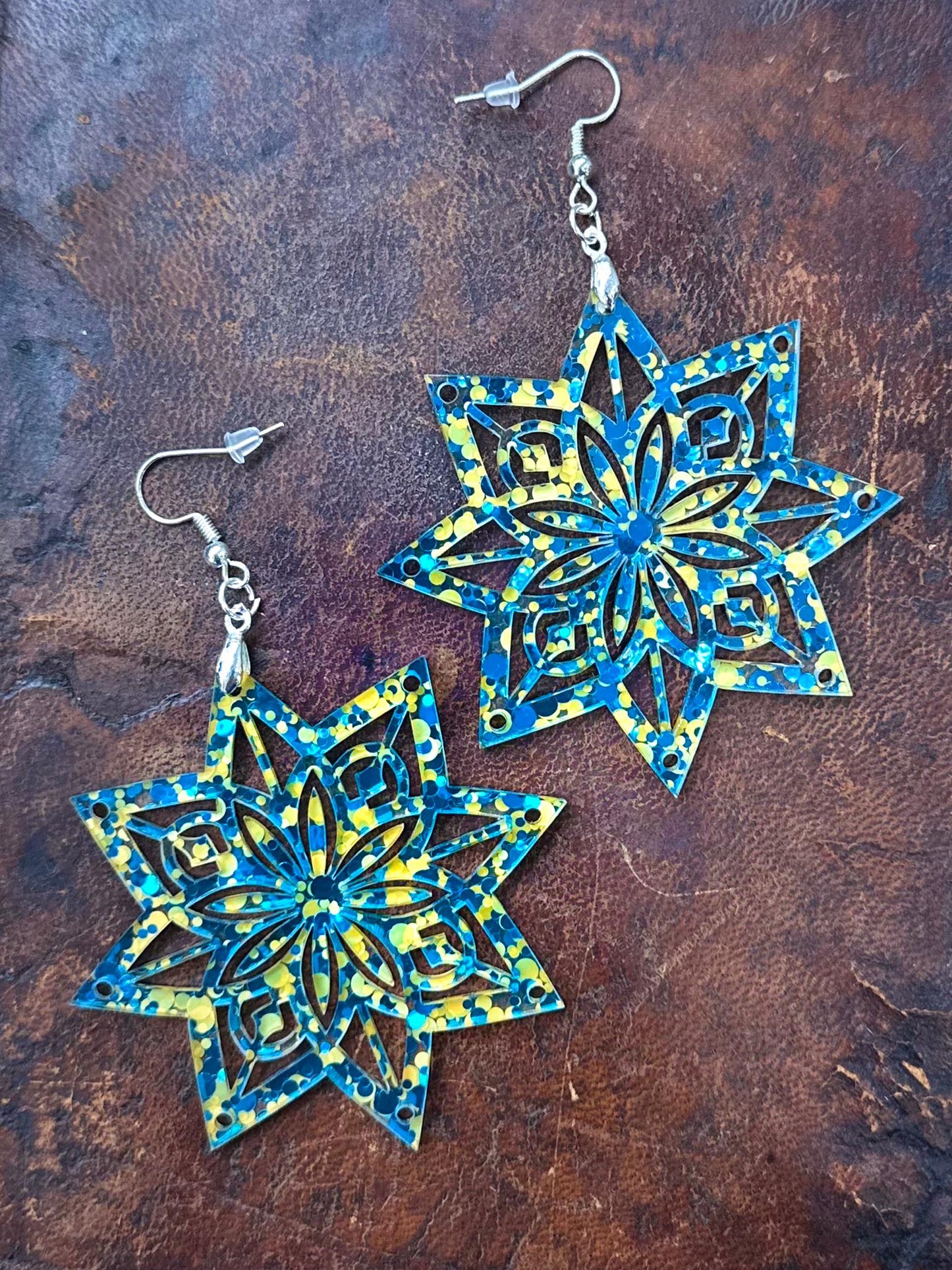 Artisan Handcrafted Mandala Star Earrings - Vibrant Teal and Gold Laser-Cut Design