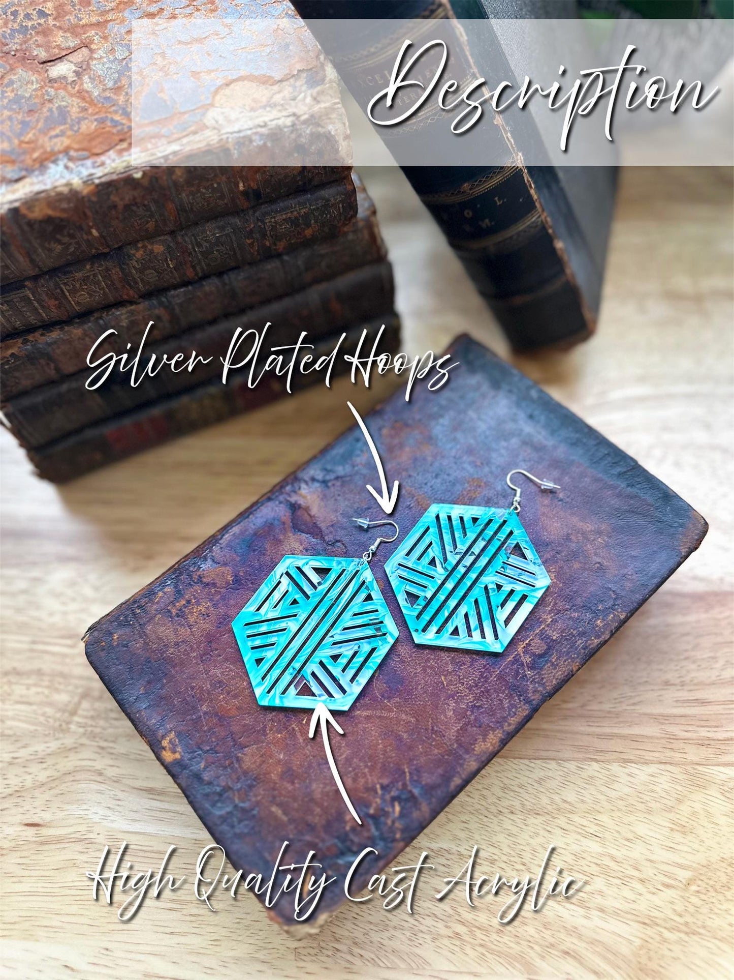 Modern Hexagon Acrylic Earrings | Lightweight Geometric Dangle Jewelry with Silver Plated Hoops
