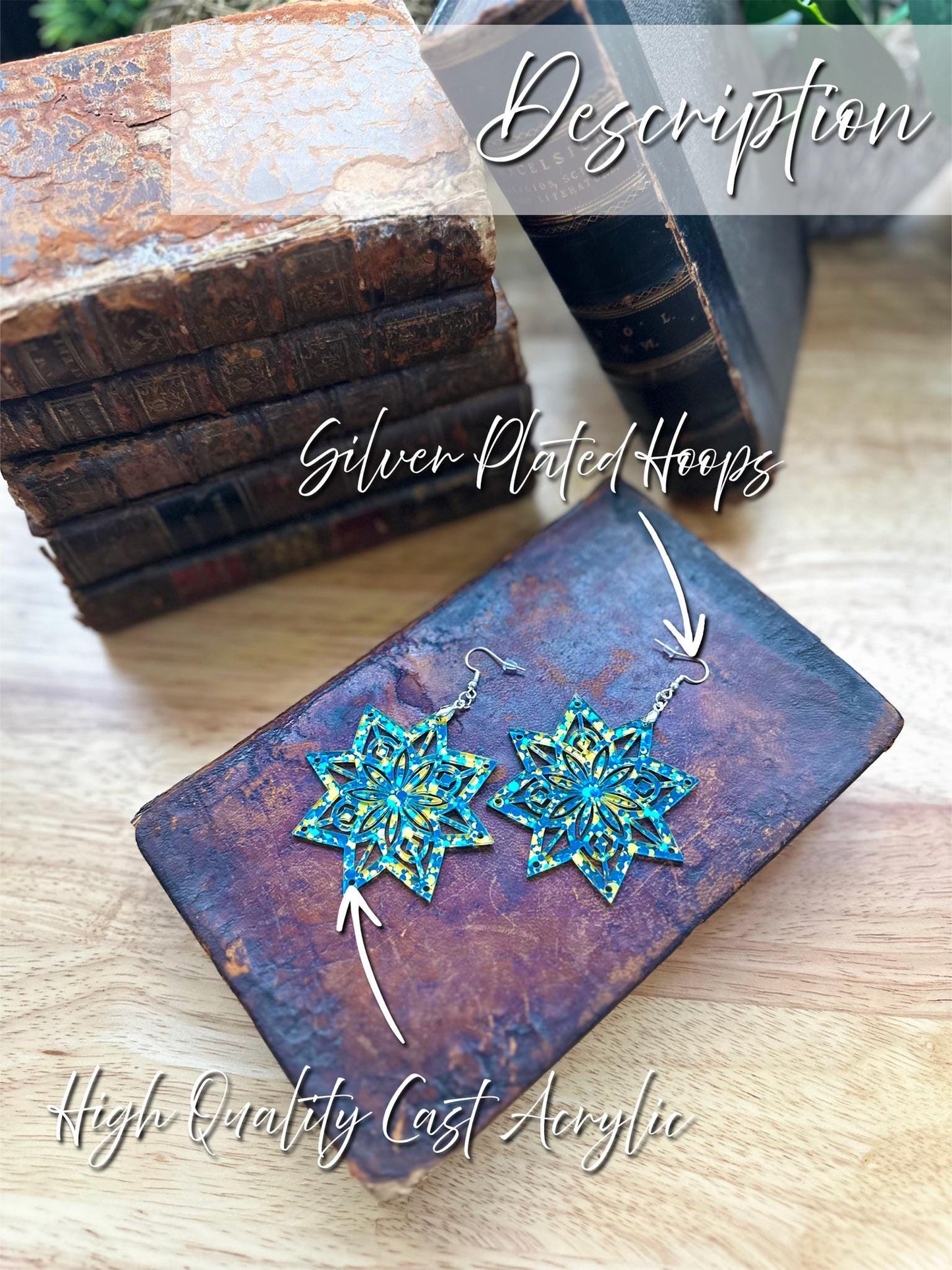 Artisan Handcrafted Mandala Star Earrings - Vibrant Teal and Gold Laser-Cut Design