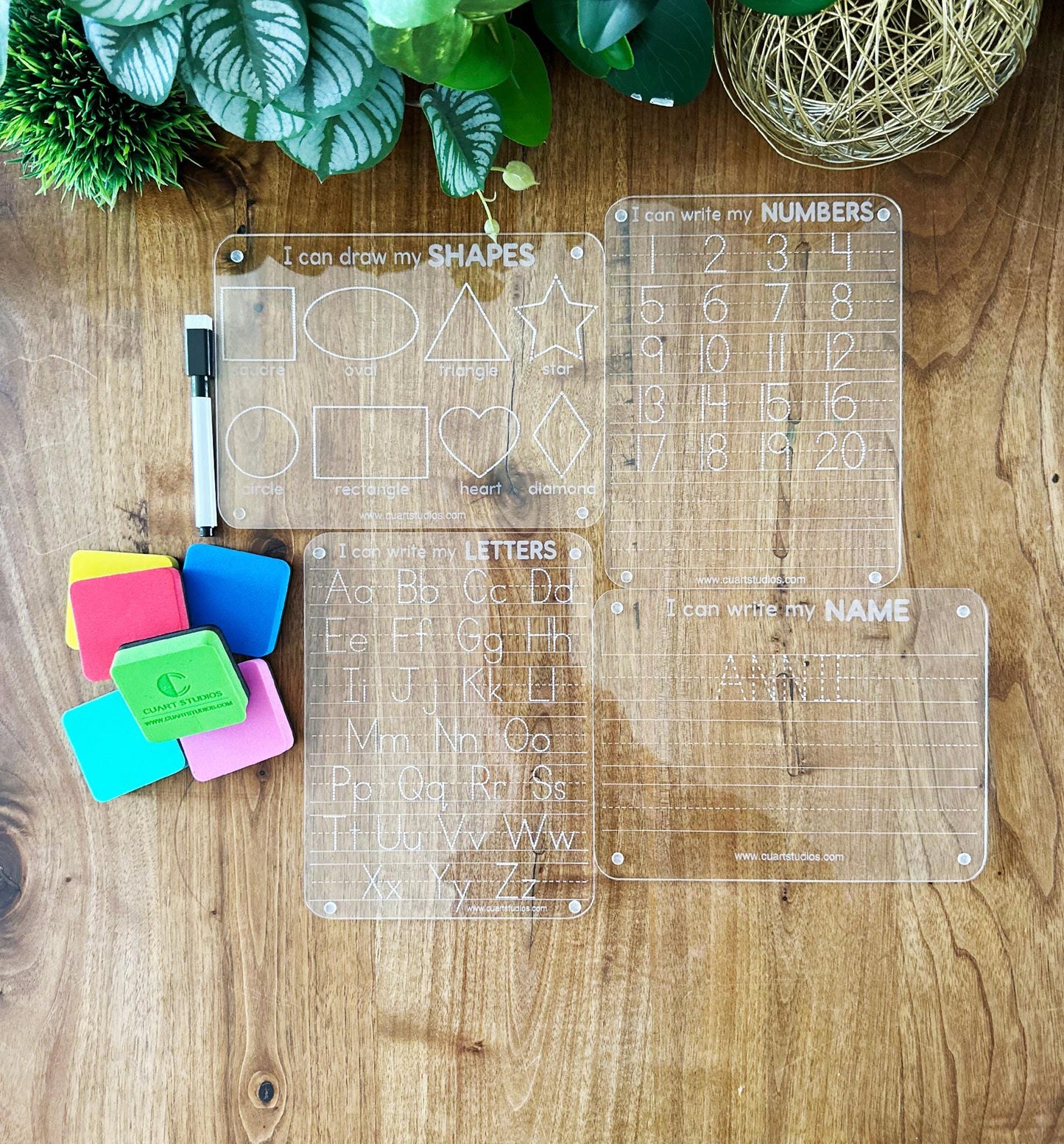 Personalized Acrylic Tracing Board Set of 4 - Name, Letters, Numbers, Shapes | Montessori & Homeschool Learning | Dry Erase writing practice