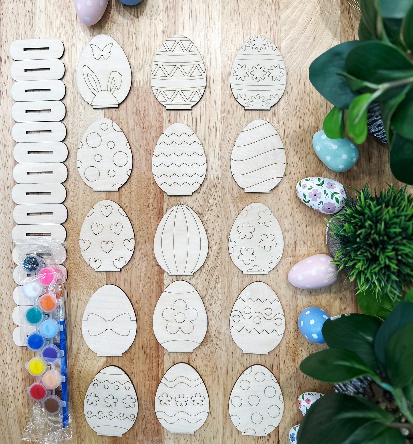 DIY Easter Egg Painting Kit โ 15 DIY Standing Eggs with Paints and Brushes โ Wooden Eggs for Painting โ DIY Art Kit for Kids and Adults