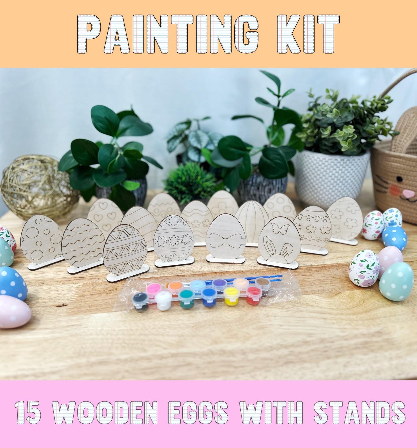 DIY Easter Egg Painting Kit โ 15 DIY Standing Eggs with Paints and Brushes โ Wooden Eggs for Painting โ DIY Art Kit for Kids and Adults