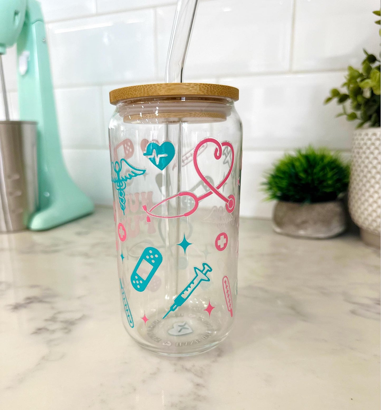 Personalized Iced Coffee Glass with Bamboo Lid & Straw , 16oz glass cup, Custom Name Engraving – Nurse Gift – Healthcare Worker gift