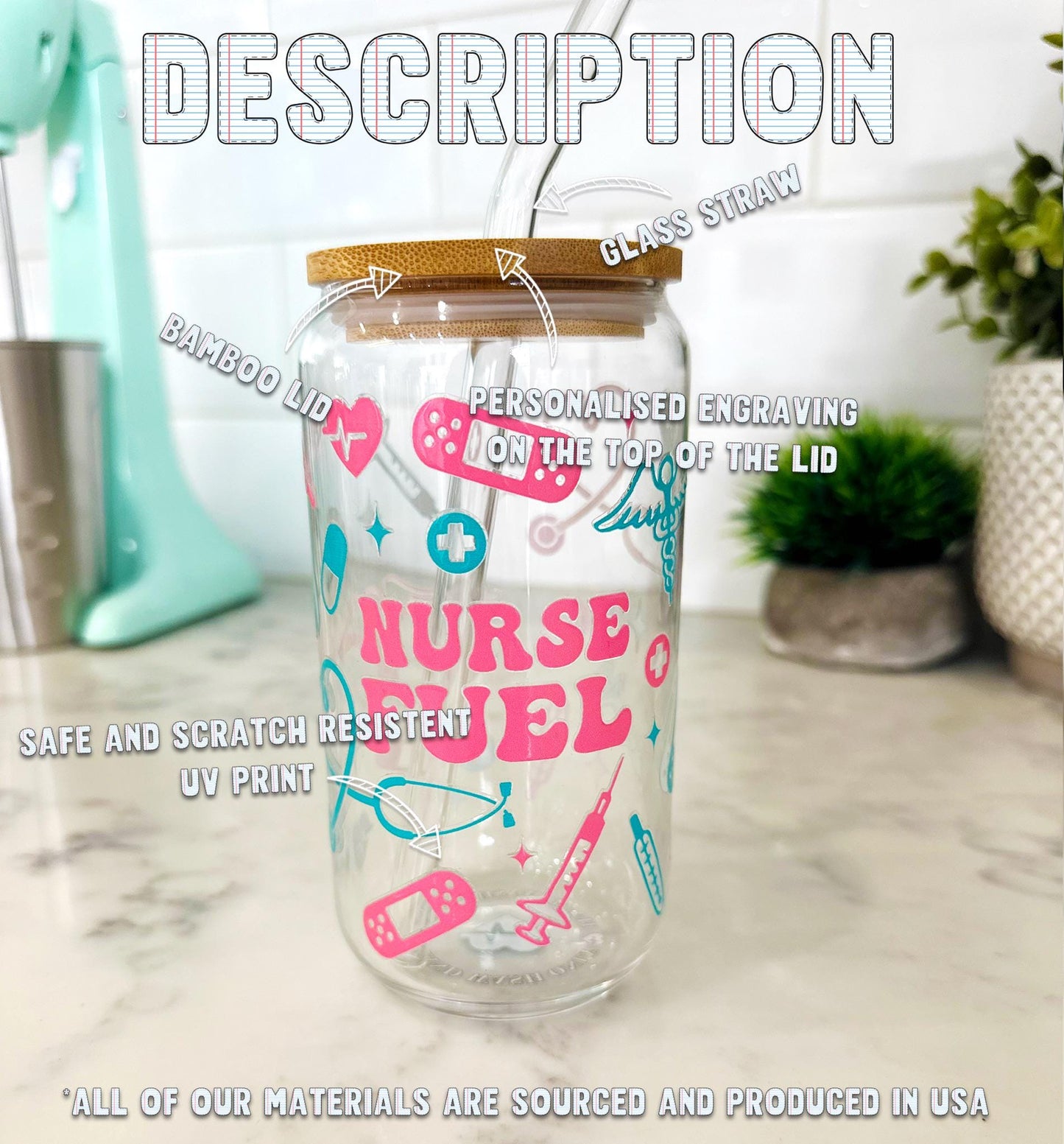 Personalized Iced Coffee Glass with Bamboo Lid & Straw , 16oz glass cup, Custom Name Engraving – Nurse Gift – Healthcare Worker gift