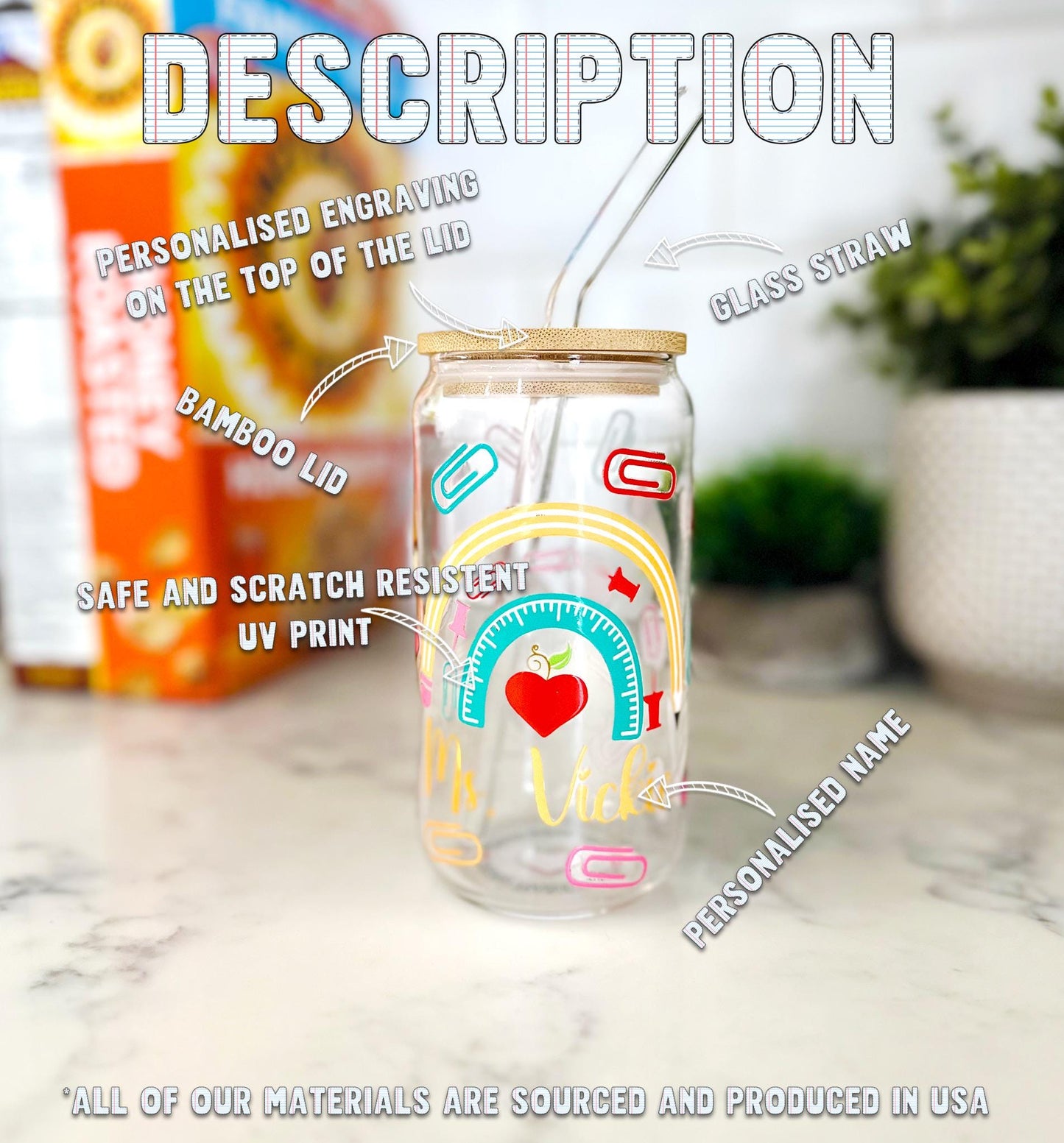 Personalized Iced Coffee Glass with Bamboo Lid and Straw – Custom Name, Cute Apple & School Design – Back to School, Gift for teachers