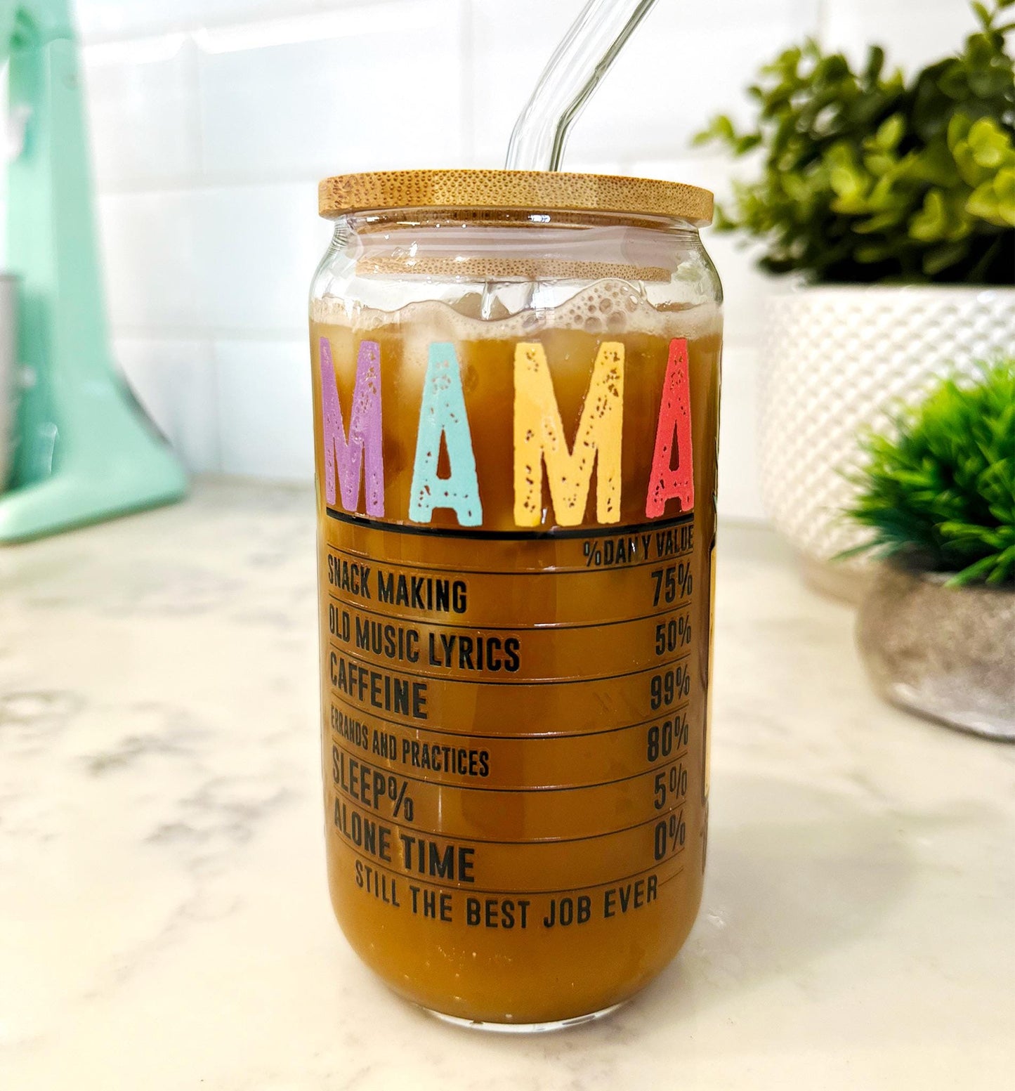 Personalized Mama Iced Coffee Glass with Bamboo Lid and Straw, Funny Mom Tumbler, Mother's Day Gift, Custom Mom Glass, Cute Mom Life Cup