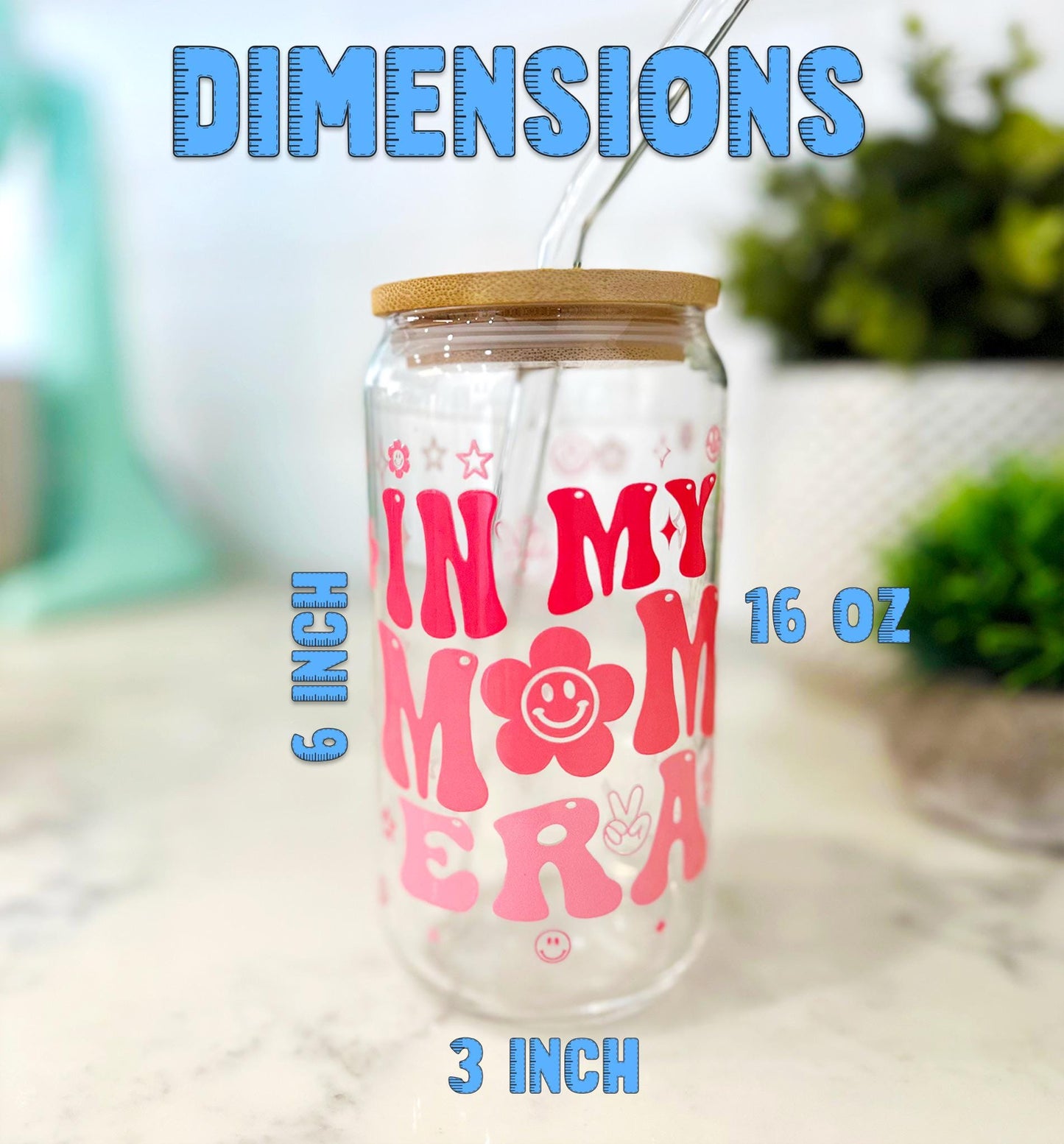 Personalized Iced Coffee Glass with Bamboo Lid and Straw, Retro Mom Tumbler, Mother's Day Gift, Groovy Mom Life Cup, 16oz Cute Mom Glass