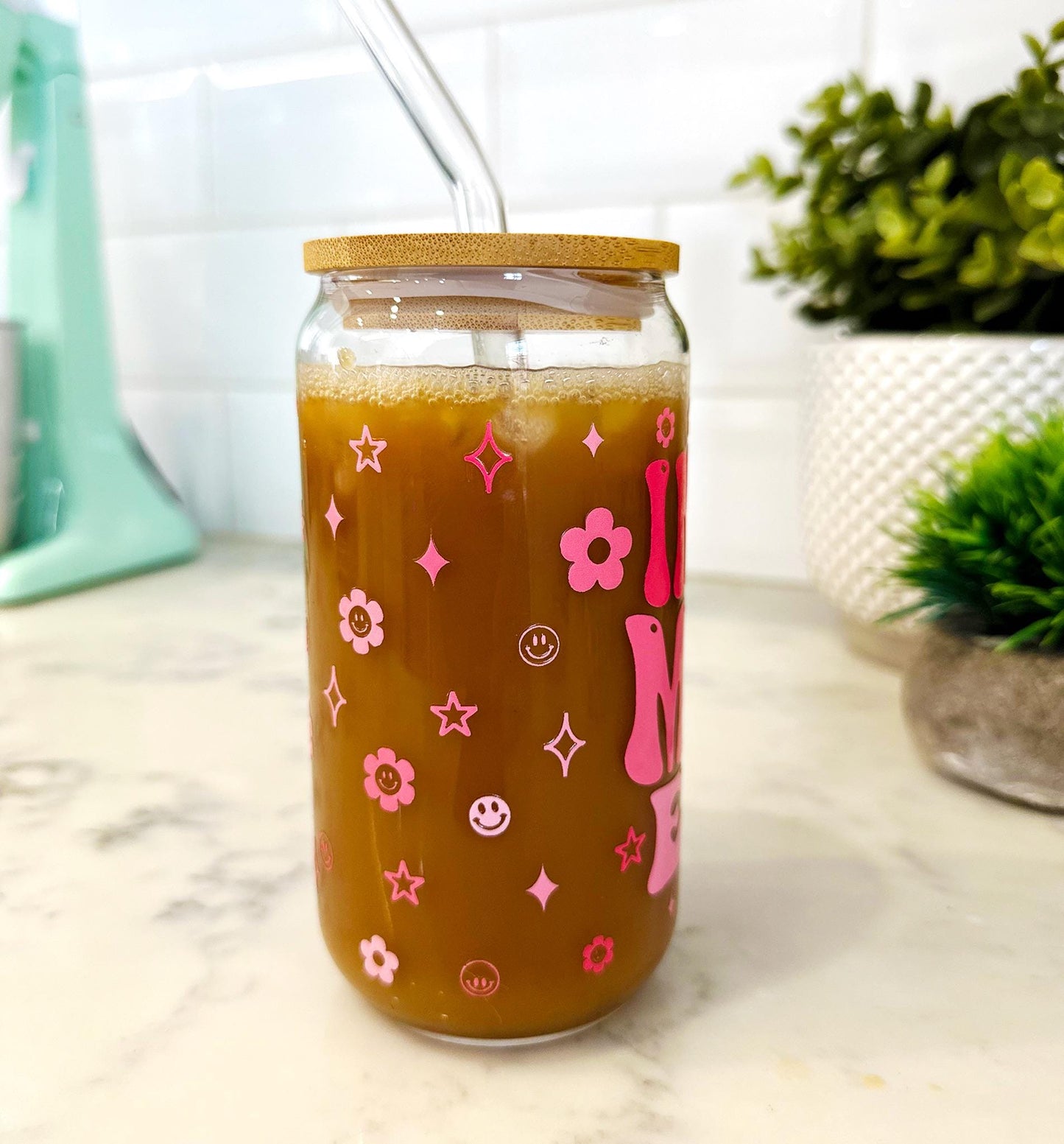 Personalized Iced Coffee Glass with Bamboo Lid and Straw, Retro Mom Tumbler, Mother's Day Gift, Groovy Mom Life Cup, 16oz Cute Mom Glass