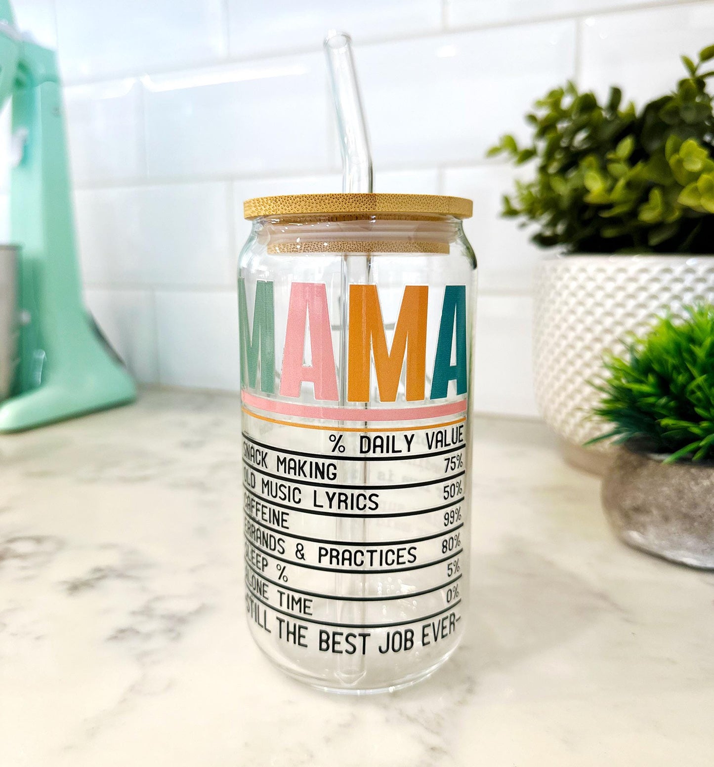 Personalized Mama Iced Coffee Glass with Bamboo Lid and Straw, Mother's Day Gift, Custom Mom Definition Cup, Cute Mama Life Glass