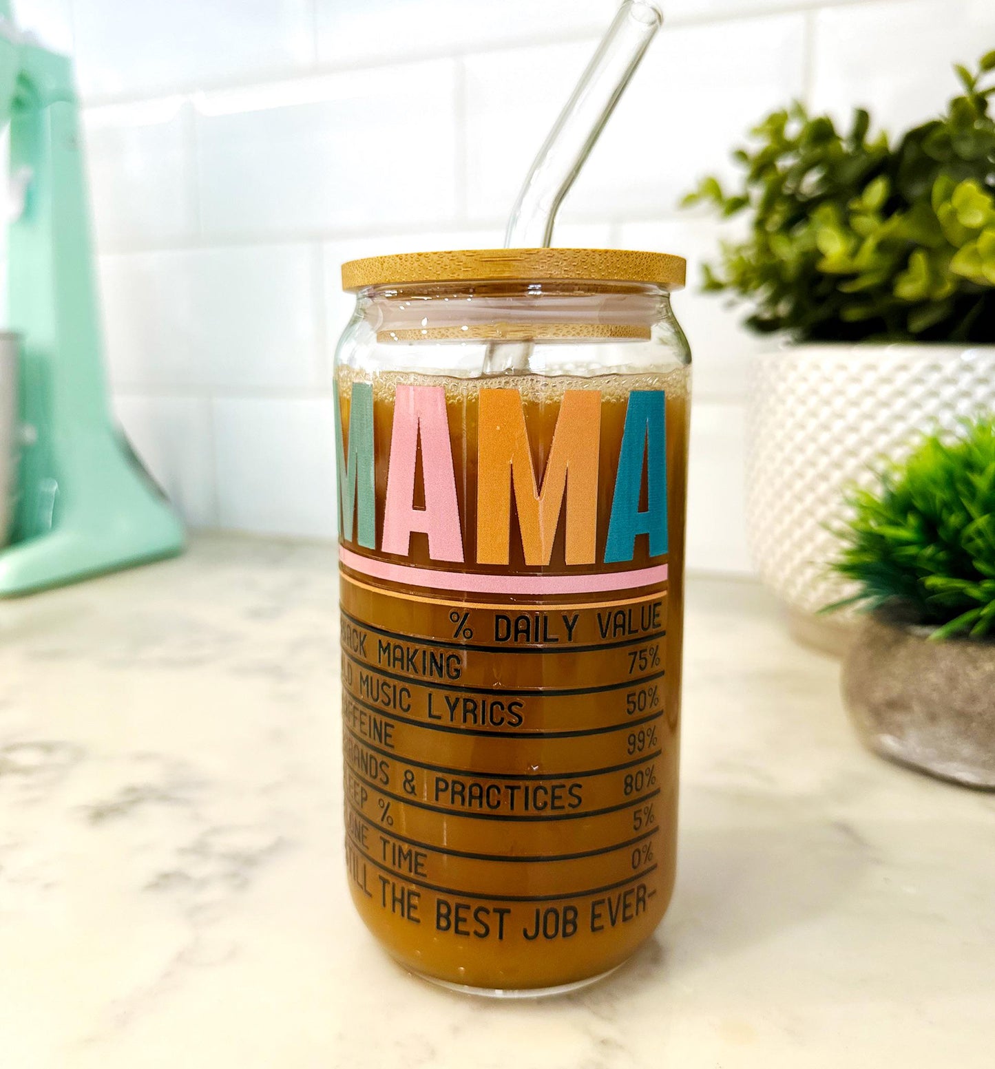 Personalized Mama Iced Coffee Glass with Bamboo Lid and Straw, Mother's Day Gift, Custom Mom Definition Cup, Cute Mama Life Glass