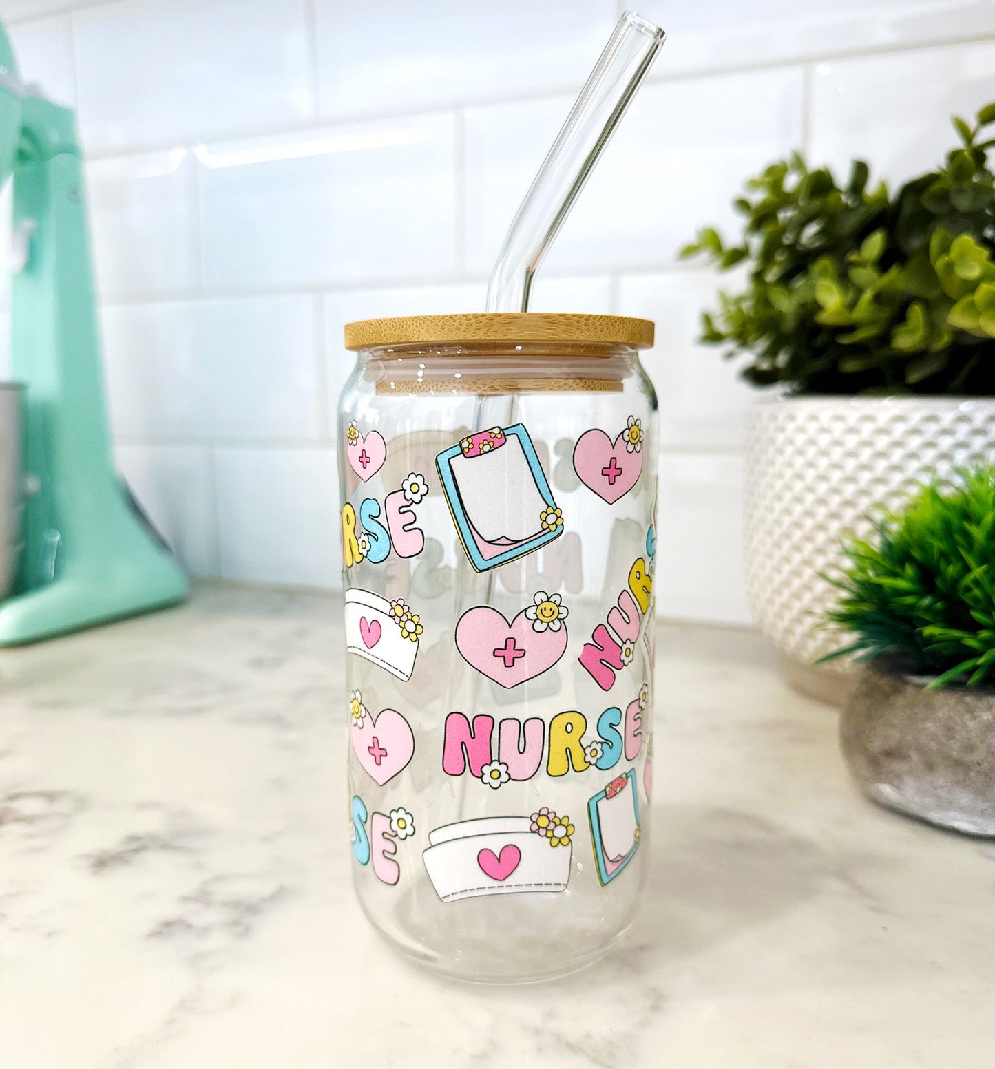 Personalized Nurse Iced Coffee Glass with Bamboo Lid & Straw, 16oz Can Glass Cup, Custom Name Gift โ Nurse Appreciation โ Healthcare Gift