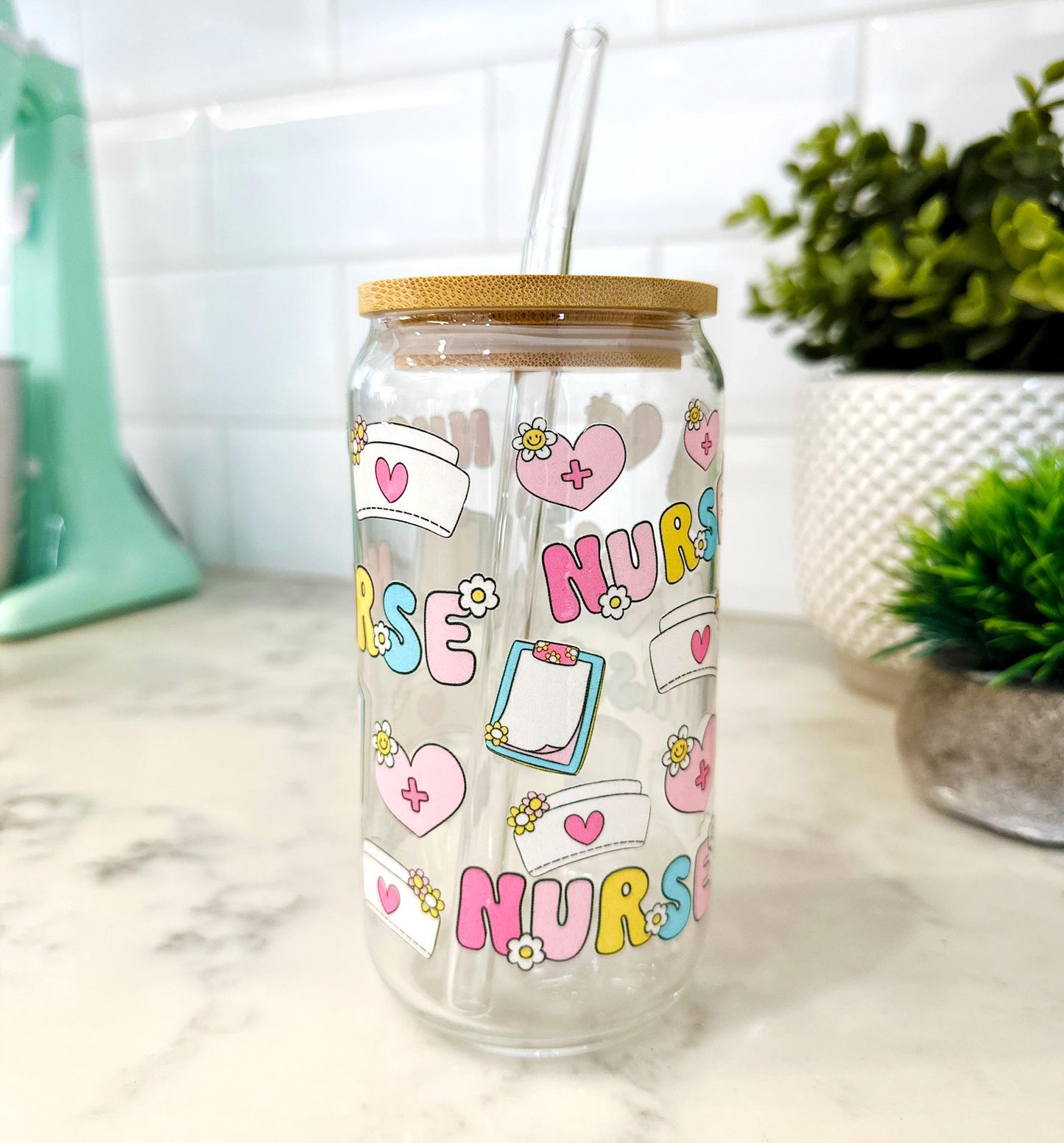 Personalized Nurse Iced Coffee Glass with Bamboo Lid & Straw, 16oz Can Glass Cup, Custom Name Gift โ Nurse Appreciation โ Healthcare Gift