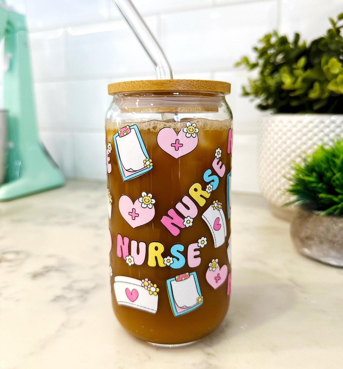 Personalized Nurse Iced Coffee Glass with Bamboo Lid & Straw, 16oz Can Glass Cup, Custom Name Gift โ Nurse Appreciation โ Healthcare Gift