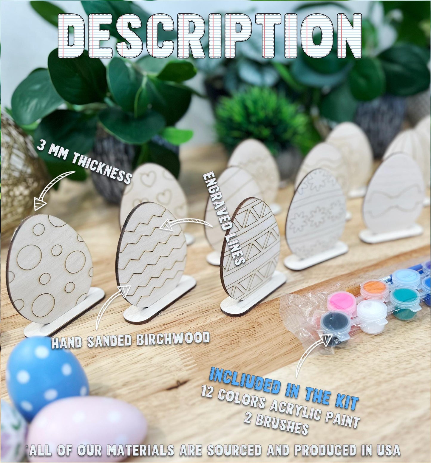 DIY Easter Egg Painting Kit โ 15 DIY Standing Eggs with Paints and Brushes โ Wooden Eggs for Painting โ DIY Art Kit for Kids and Adults