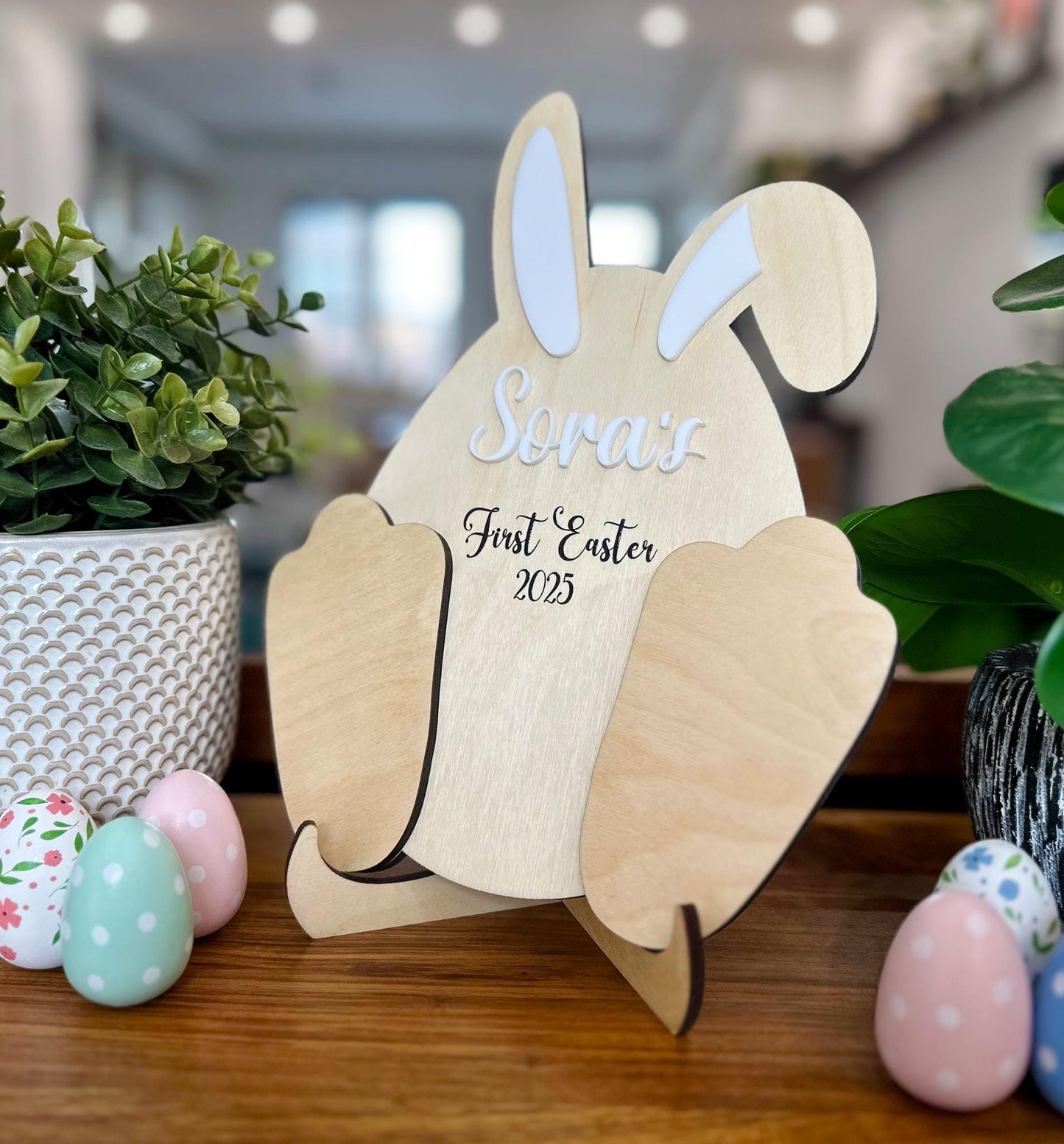 Personalized Wooden Bunny Easter Keepsake | Custom Name & Footprint | Baby’s First Easter Gift | Handprint Memory Display
