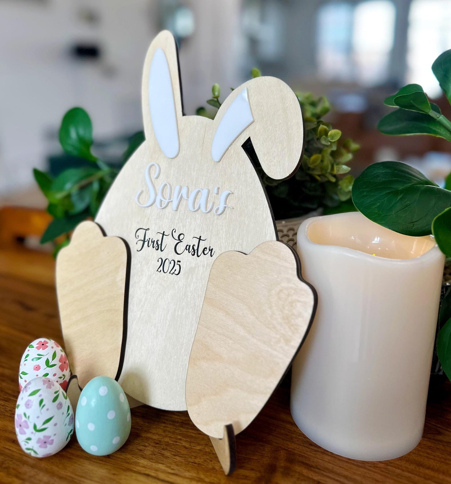 Personalized Wooden Bunny Easter Keepsake | Custom Name & Footprint | Baby’s First Easter Gift | Handprint Memory Display