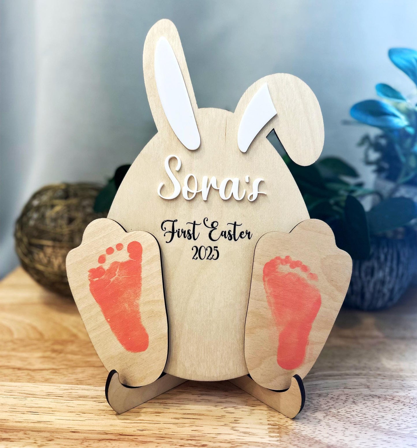 Personalized Wooden Bunny Easter Keepsake | Custom Name & Footprint | Baby’s First Easter Gift | Handprint Memory Display