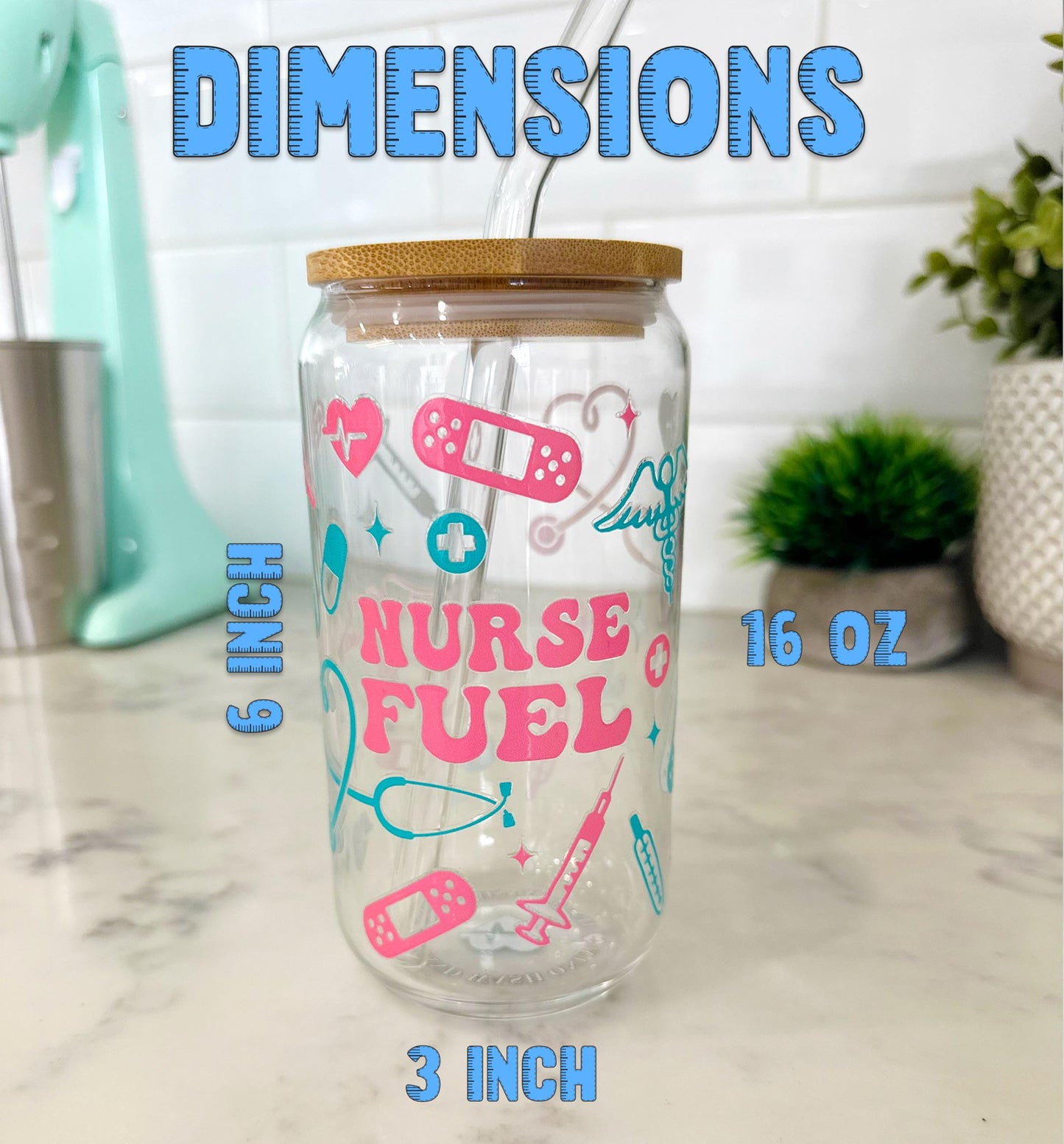 Personalized Iced Coffee Glass with Bamboo Lid & Straw , 16oz glass cup, Custom Name Engraving – Nurse Gift – Healthcare Worker gift