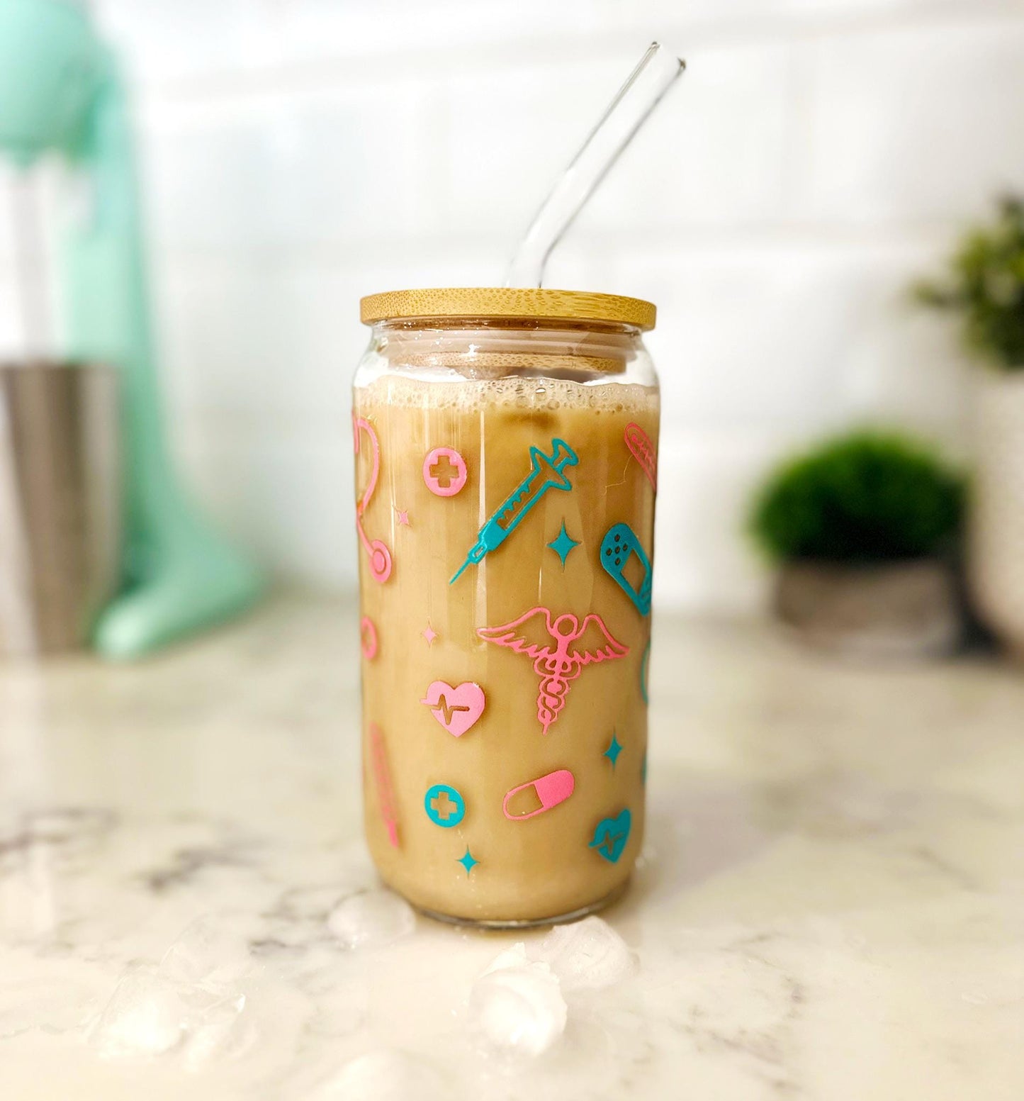 Personalized Iced Coffee Glass with Bamboo Lid & Straw , 16oz glass cup, Custom Name Engraving – Nurse Gift – Healthcare Worker gift