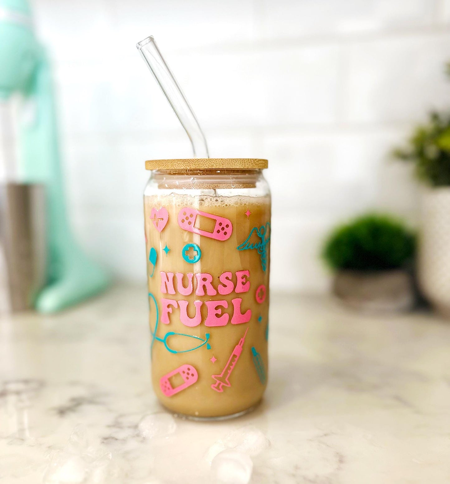 Personalized Iced Coffee Glass with Bamboo Lid & Straw , 16oz glass cup, Custom Name Engraving – Nurse Gift – Healthcare Worker gift
