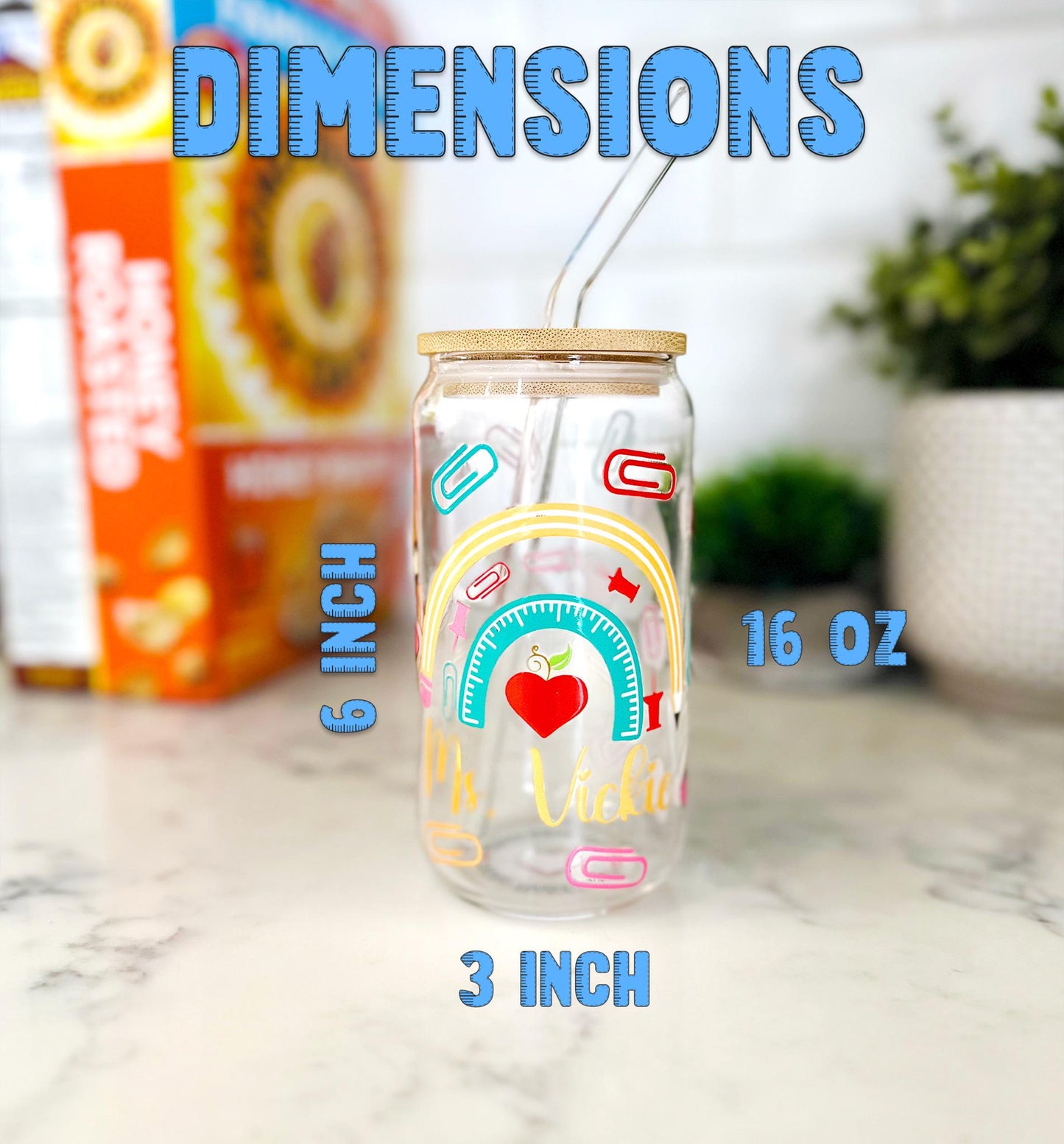 Personalized Iced Coffee Glass with Bamboo Lid and Straw – Custom Name, Cute Apple & School Design – Back to School, Gift for teachers