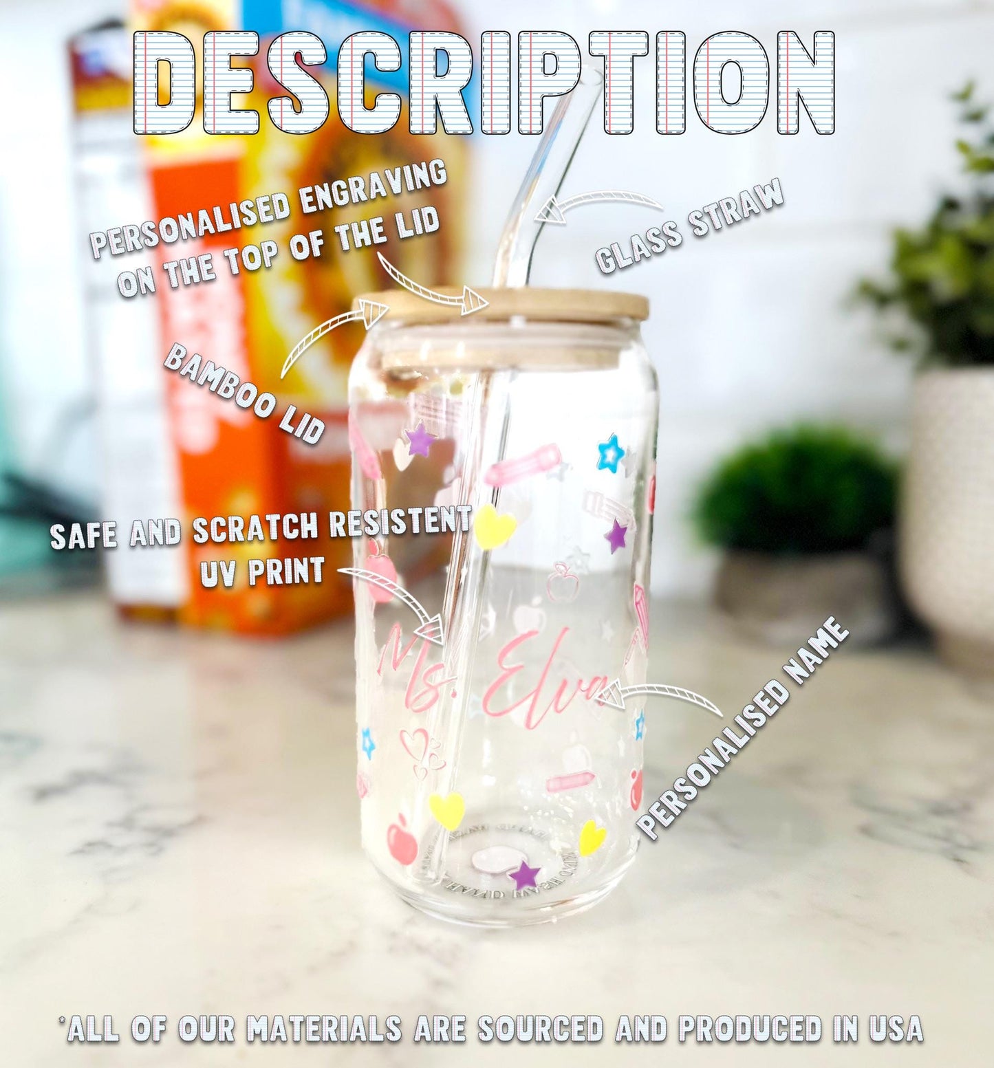 Personalized Iced Coffee Glass with Bamboo Lid and Straw - Back to School Gift – Cute Pencil & Apple Design – teacher gift