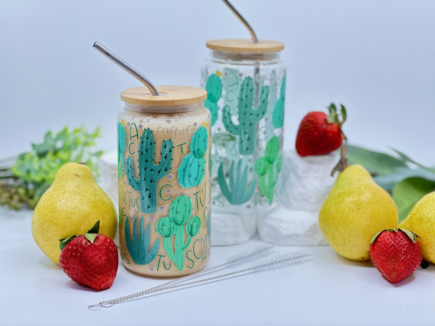 Personalized Iced Coffee Cup – Cactus Glass Tumbler with Lid – Plant Lover Gift – Boho Summer Aesthetic – 16oz Custom Cup