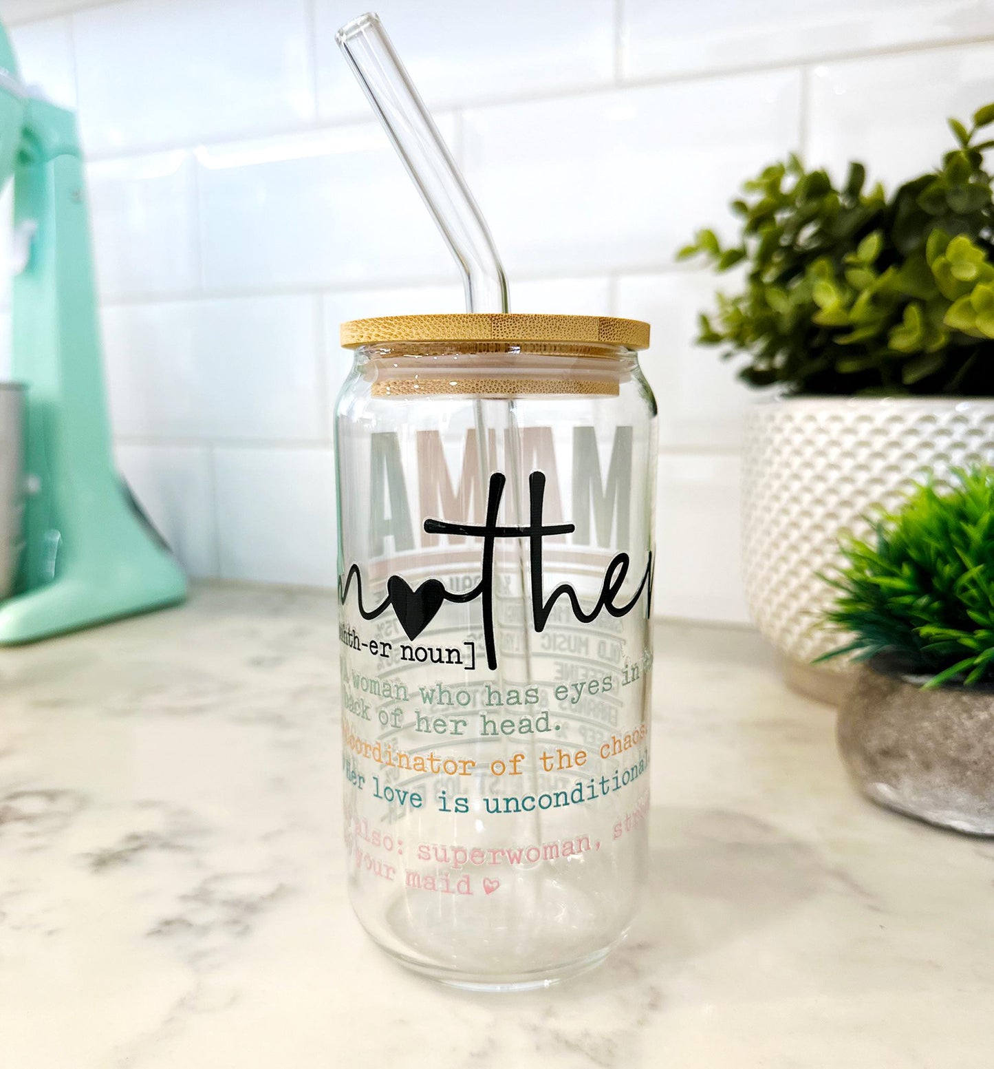 Personalized Mama Iced Coffee Glass with Bamboo Lid and Straw, Mother's Day Gift, Custom Mom Definition Cup, Cute Mama Life Glass