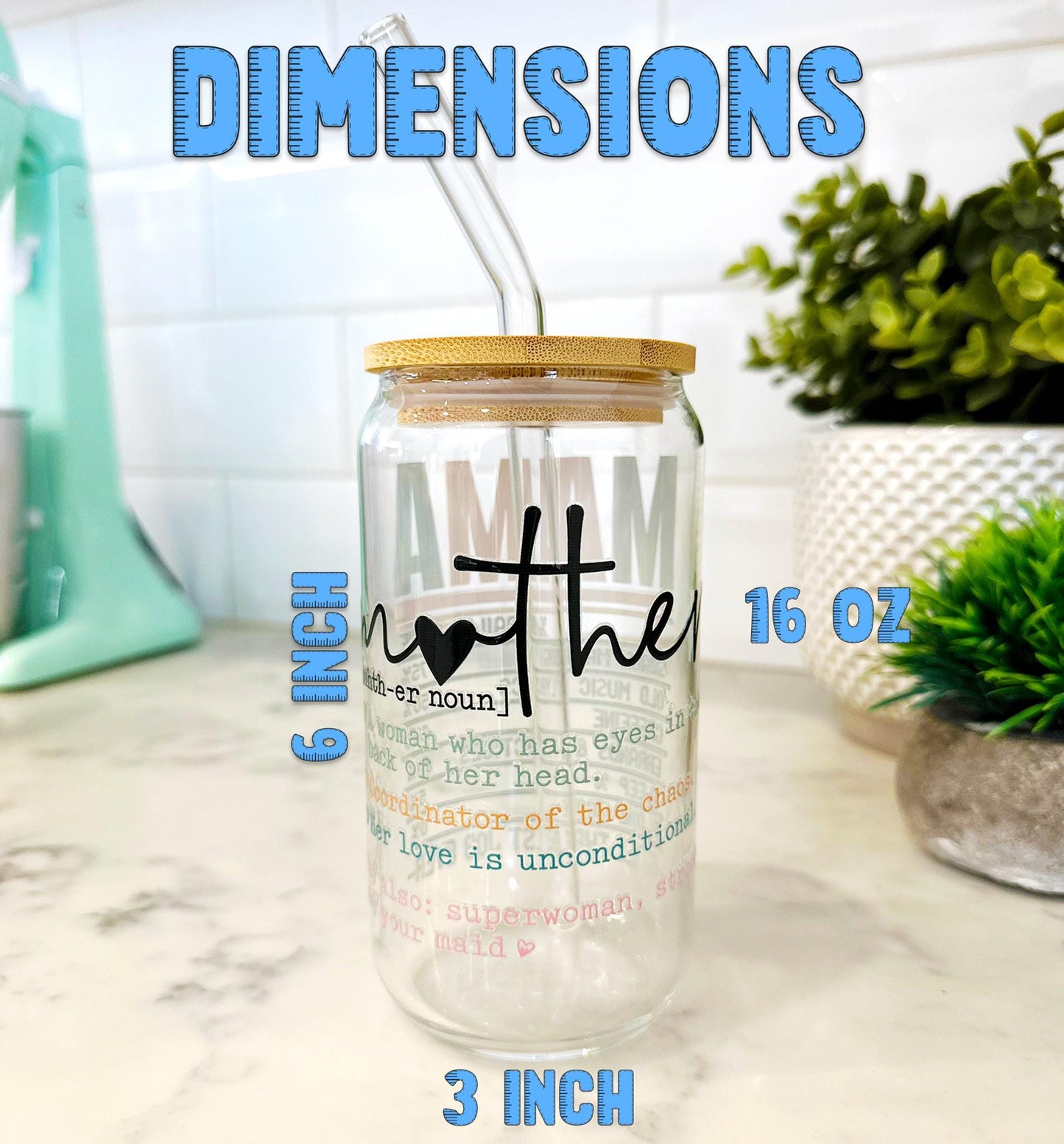 Personalized Mama Iced Coffee Glass with Bamboo Lid and Straw, Mother's Day Gift, Custom Mom Definition Cup, Cute Mama Life Glass