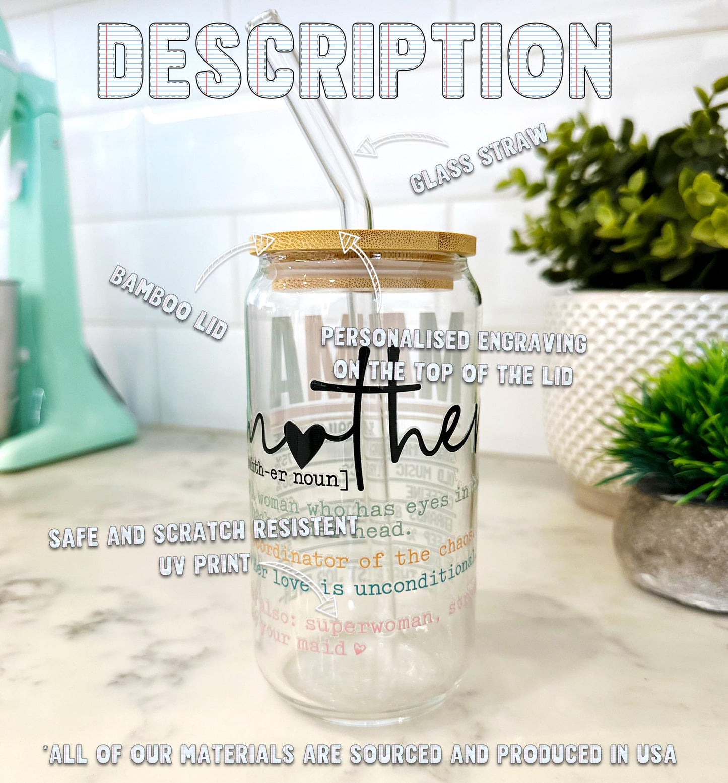 Personalized Mama Iced Coffee Glass with Bamboo Lid and Straw, Mother's Day Gift, Custom Mom Definition Cup, Cute Mama Life Glass