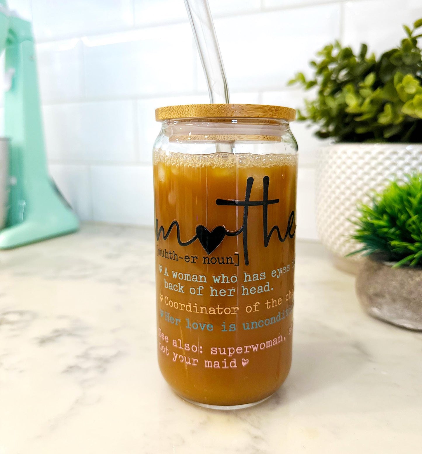 Personalized Mama Iced Coffee Glass with Bamboo Lid and Straw, Mother's Day Gift, Custom Mom Definition Cup, Cute Mama Life Glass