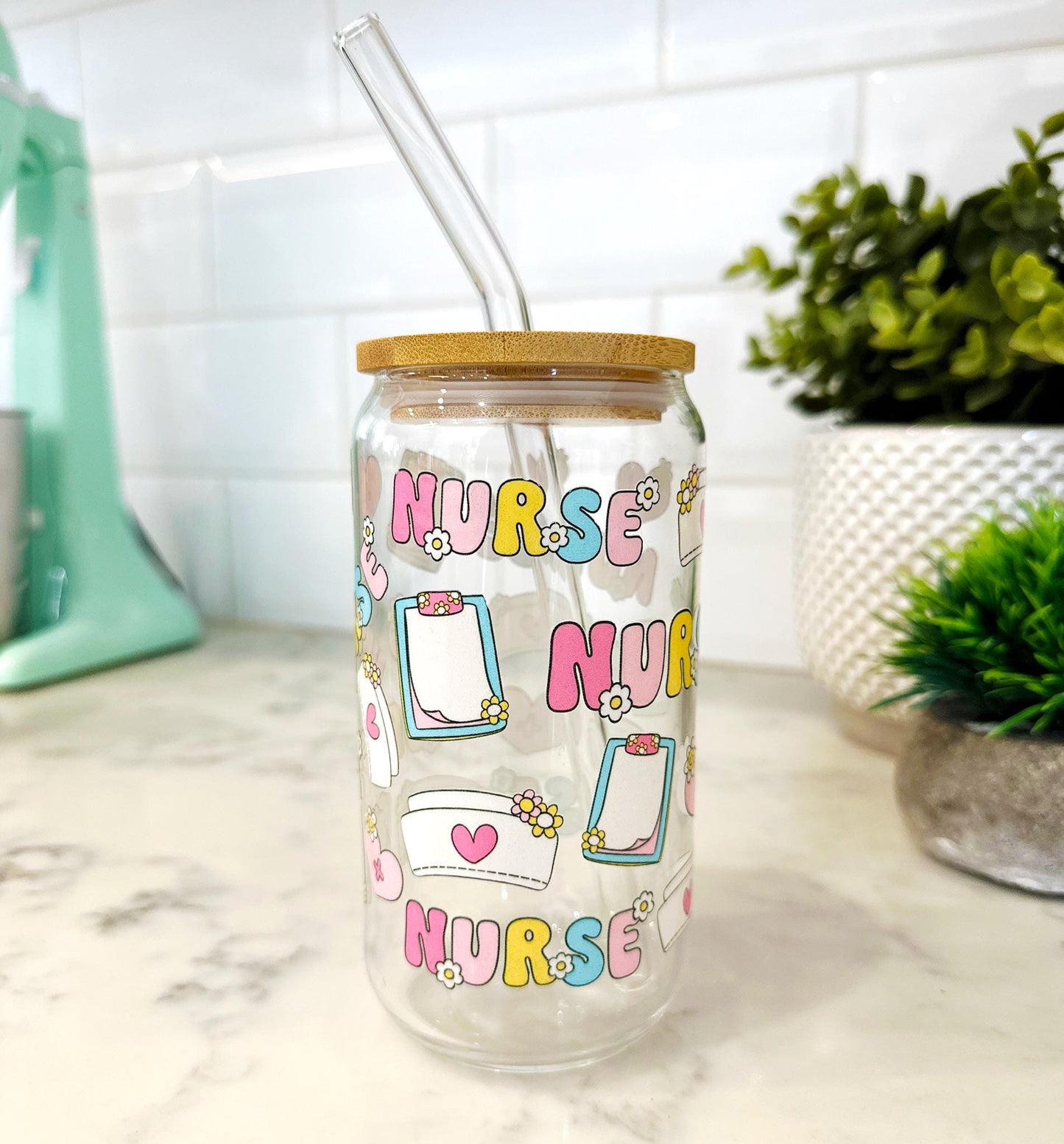 Personalized Nurse Iced Coffee Glass with Bamboo Lid & Straw, 16oz Can Glass Cup, Custom Name Gift โ Nurse Appreciation โ Healthcare Gift