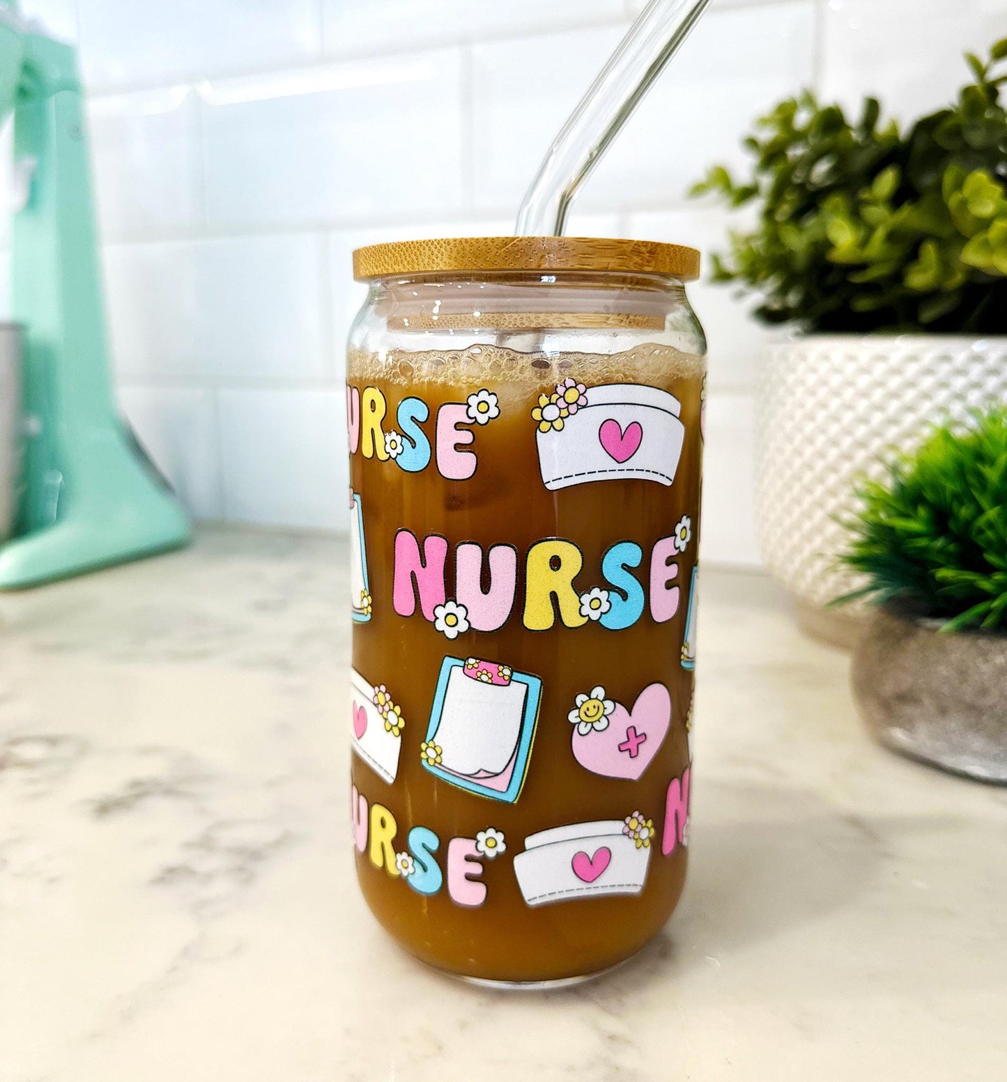 Personalized Nurse Iced Coffee Glass with Bamboo Lid & Straw, 16oz Can Glass Cup, Custom Name Gift โ Nurse Appreciation โ Healthcare Gift