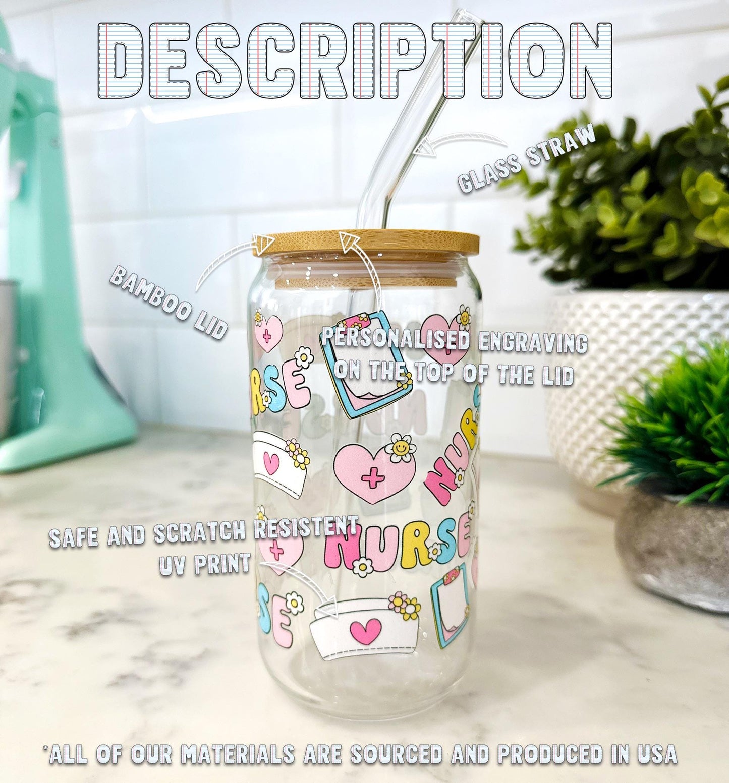 Personalized Nurse Iced Coffee Glass with Bamboo Lid & Straw, 16oz Can Glass Cup, Custom Name Gift โ Nurse Appreciation โ Healthcare Gift