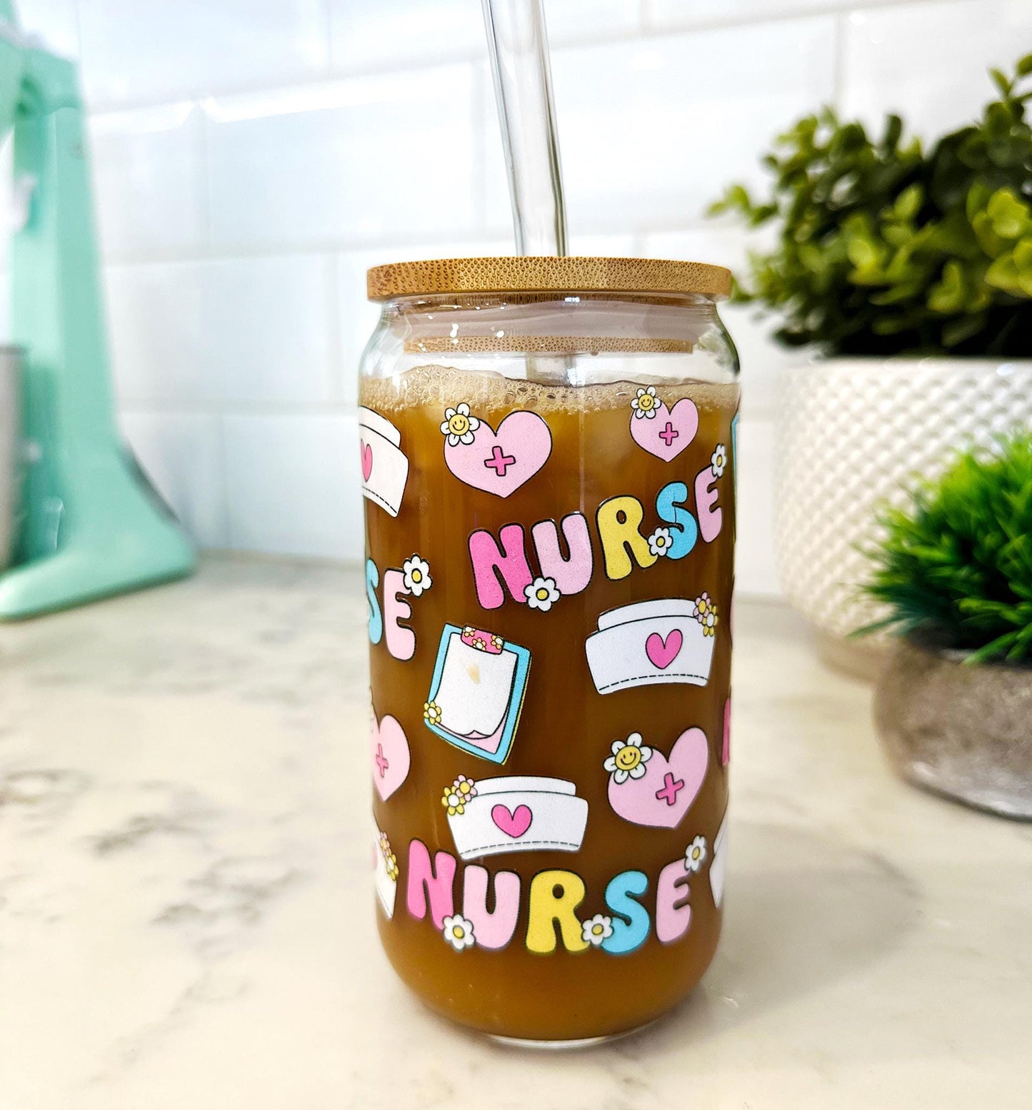 Personalized Nurse Iced Coffee Glass with Bamboo Lid & Straw, 16oz Can Glass Cup, Custom Name Gift โ Nurse Appreciation โ Healthcare Gift