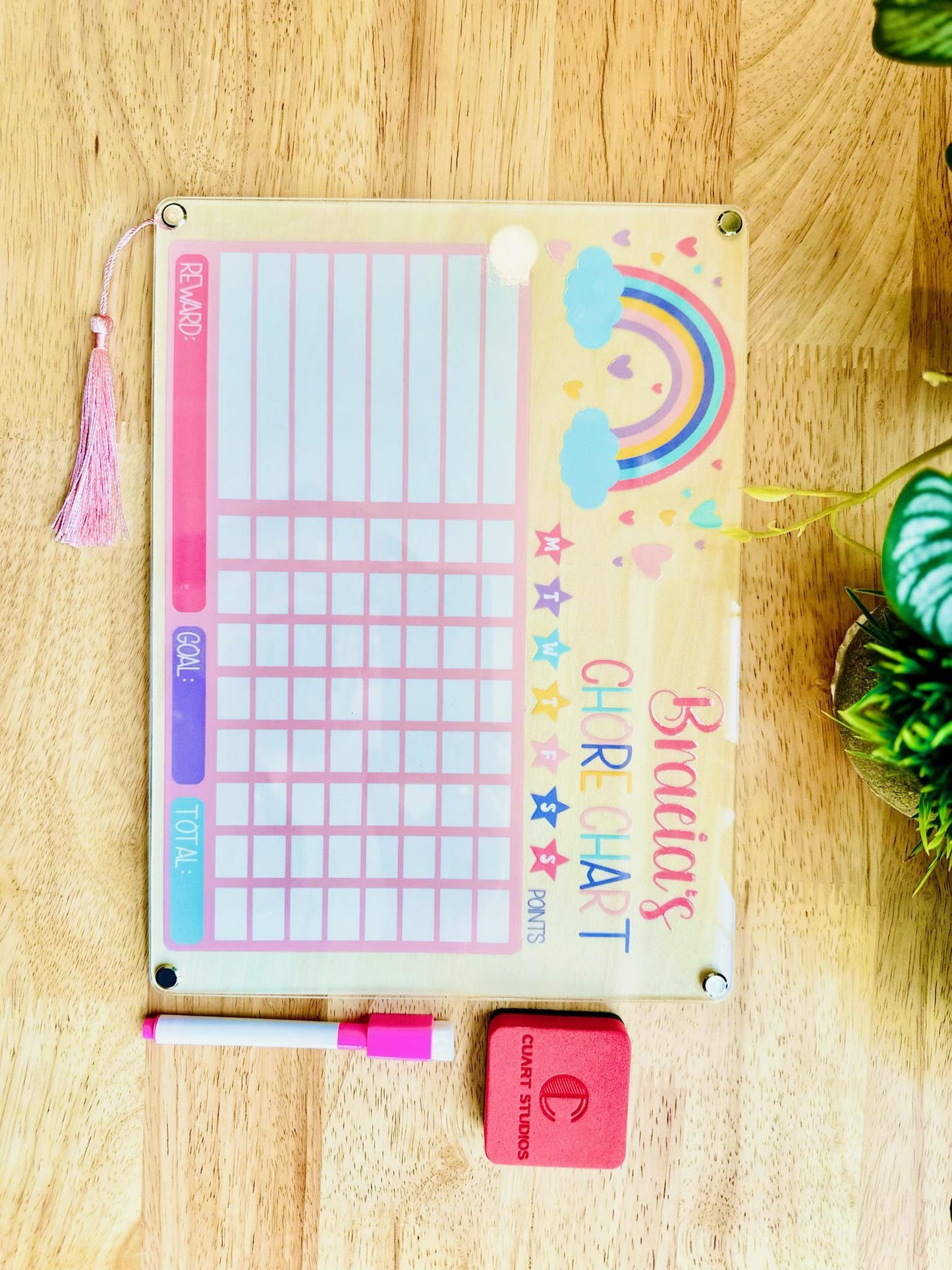 Custom Kids Chore Chart with Name • Dry Erase Routine Board for Toddlers & Kids • Reward Chart with Marker and Eraser • Rainbow Design