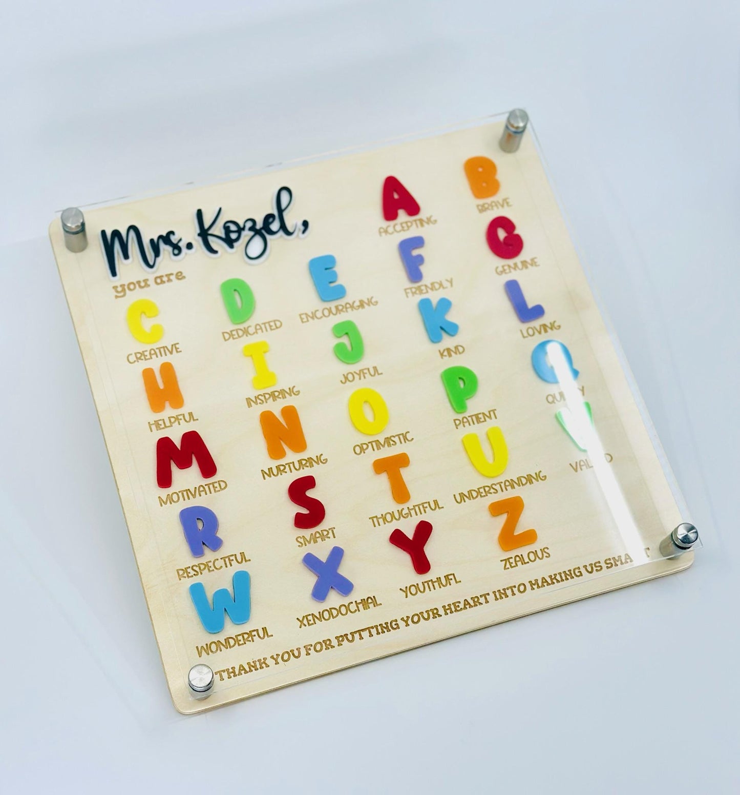 Personalized Teacher Gift A-Z Acrylic Name Sign – Custom Thank You Classroom Decor – End of Year Teacher Appreciation Gift for Her or Him