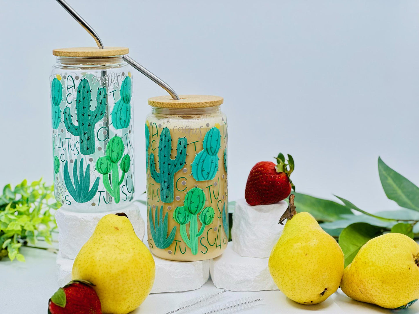 Personalized Iced Coffee Cup – Cactus Glass Tumbler with Lid – Plant Lover Gift – Boho Summer Aesthetic – 16oz Custom Cup
