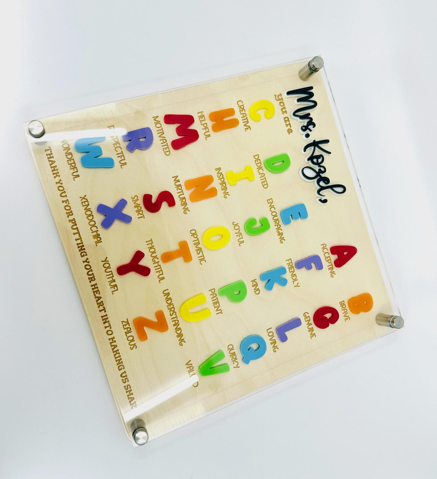Personalized Teacher Gift A-Z Acrylic Name Sign – Custom Thank You Classroom Decor – End of Year Teacher Appreciation Gift for Her or Him