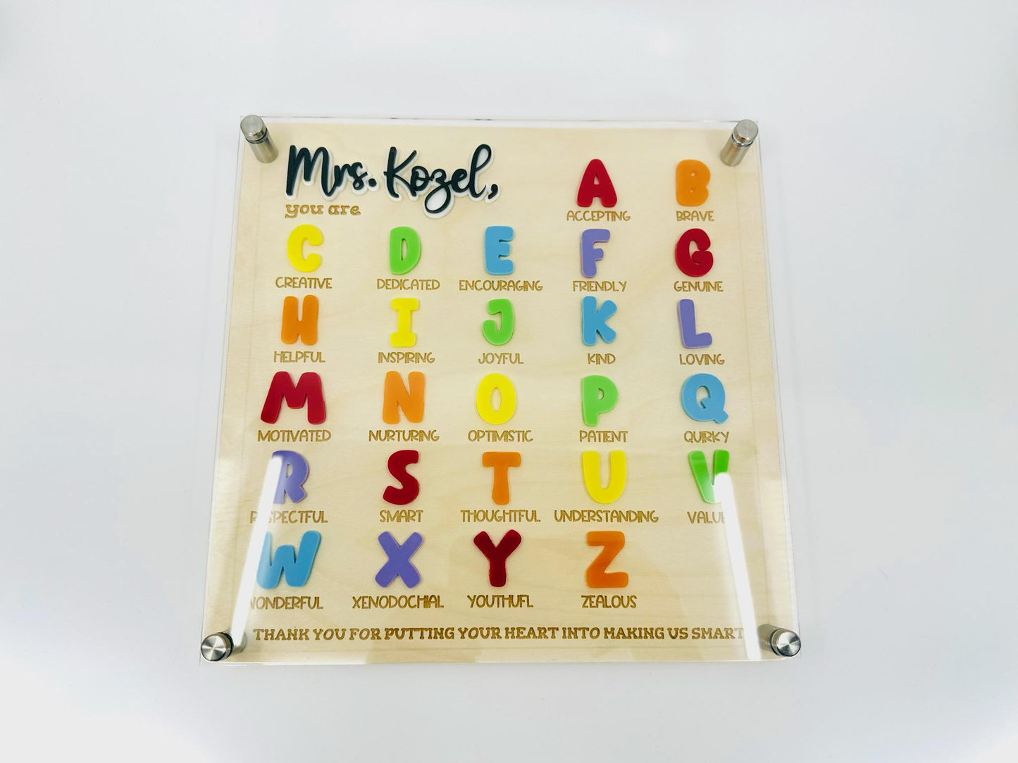 Personalized Teacher Gift A-Z Acrylic Name Sign – Custom Thank You Classroom Decor – End of Year Teacher Appreciation Gift for Her or Him