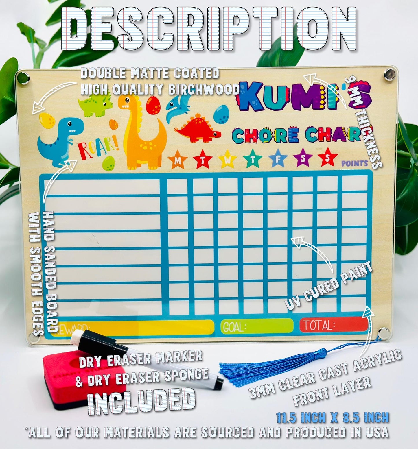 Custom Kids Chore Chart with Name • Dry Erase Routine Board for Toddlers & Kids • Reward Chart with Marker and Eraser • Dinosaur Design