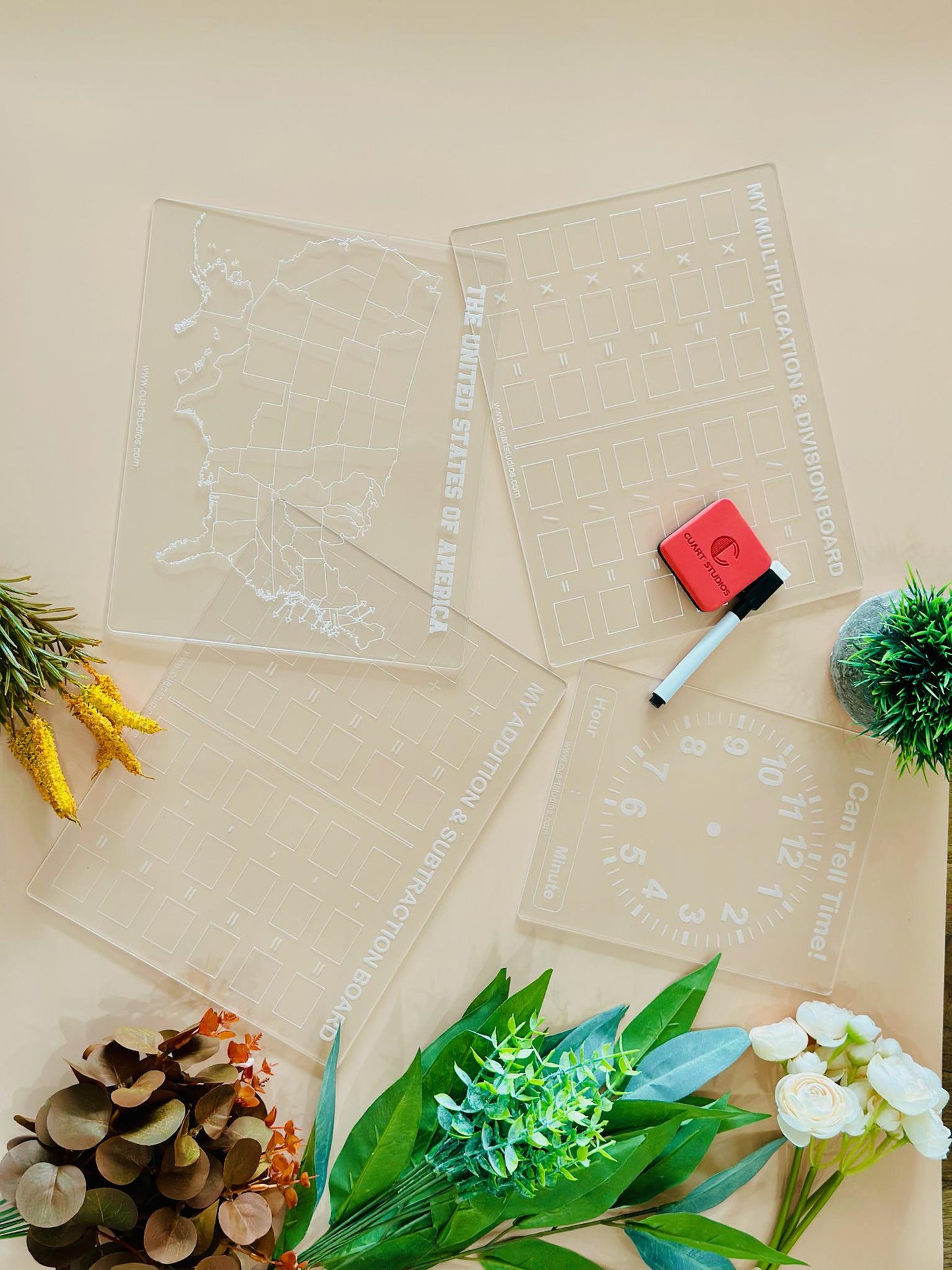 Set of 4 Educational Dry Erase Boards – Math Boards, United States Map, Telling Time, Learning Tools for Kids, Homeschool & Classroom Use
