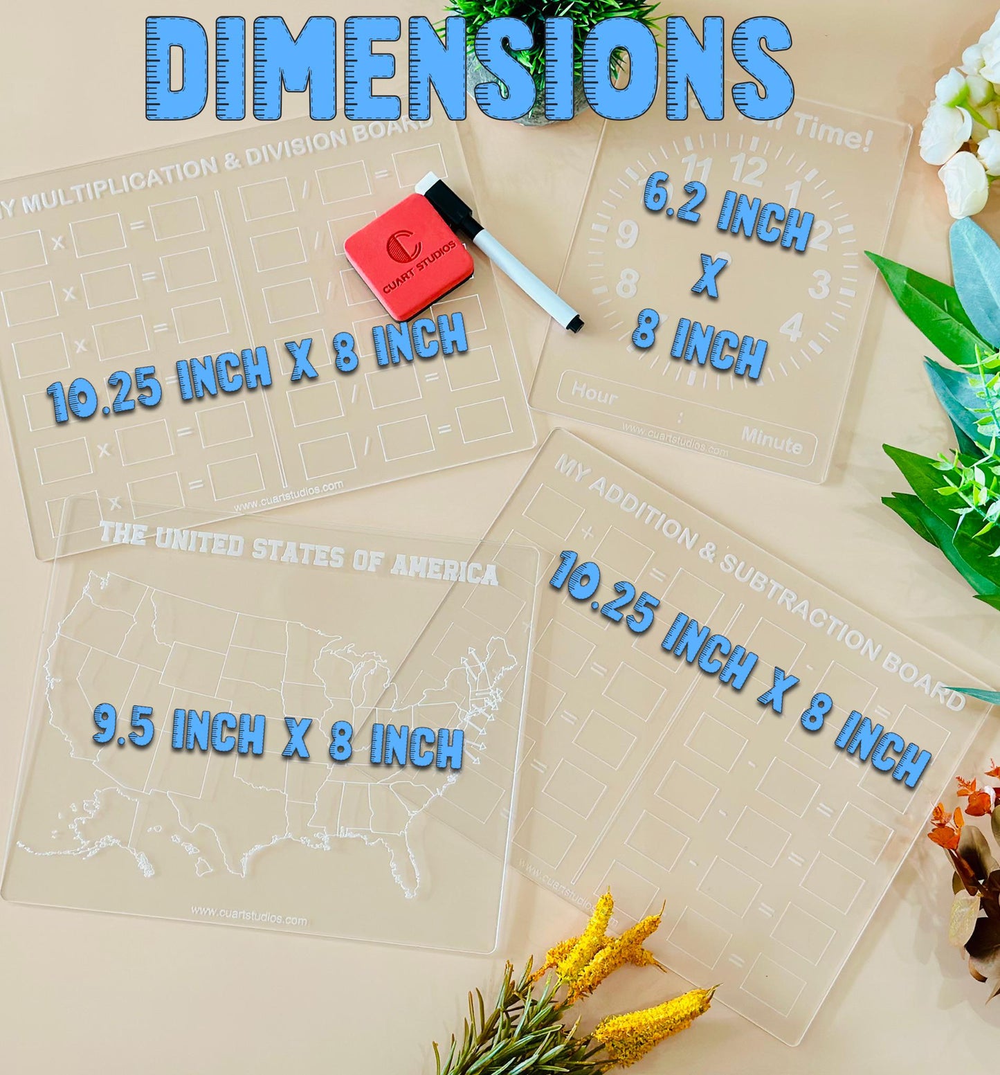 Set of 4 Educational Dry Erase Boards – Math Boards, United States Map, Telling Time, Learning Tools for Kids, Homeschool & Classroom Use