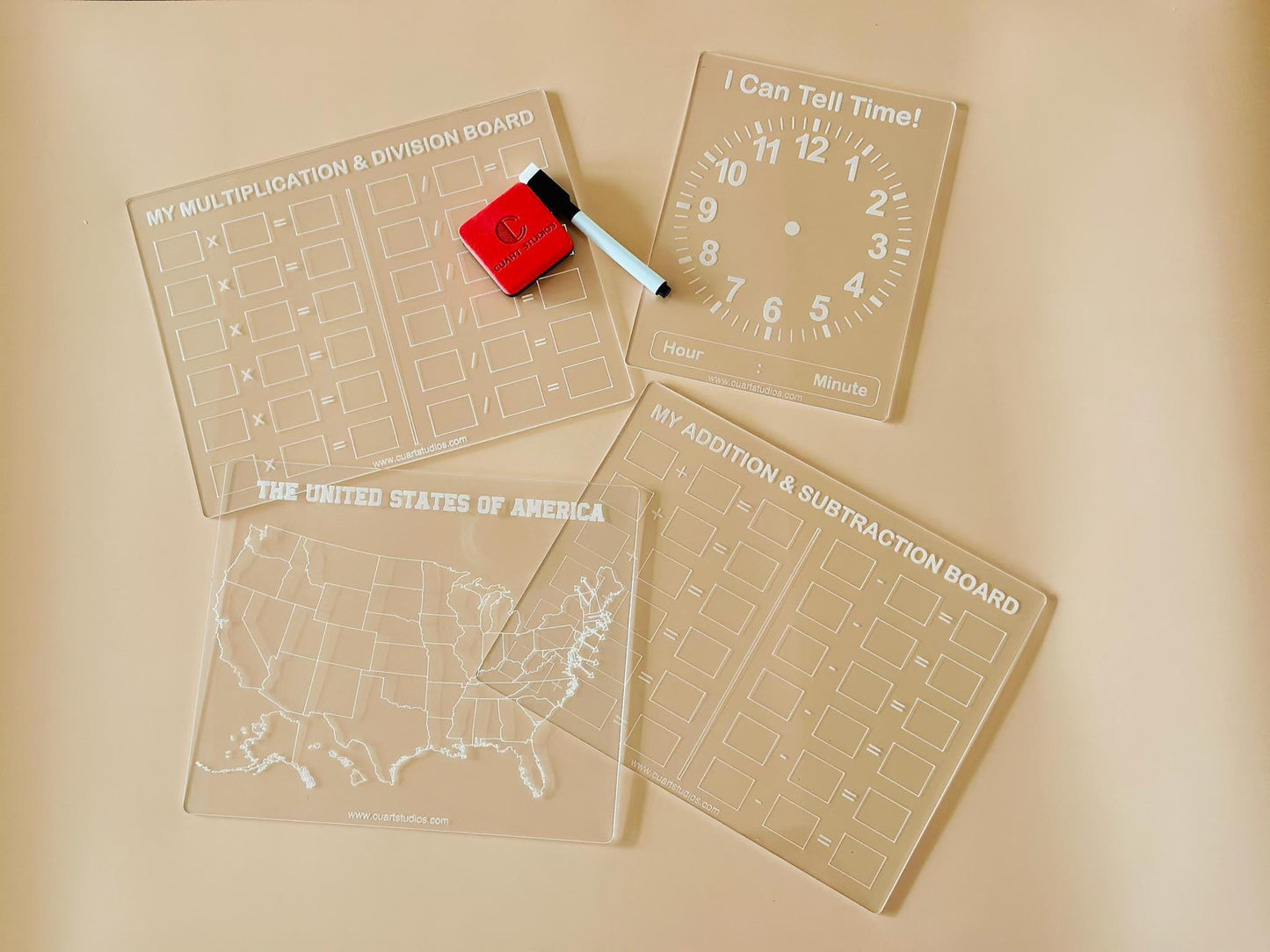 Set of 4 Educational Dry Erase Boards – Math Boards, United States Map, Telling Time, Learning Tools for Kids, Homeschool & Classroom Use