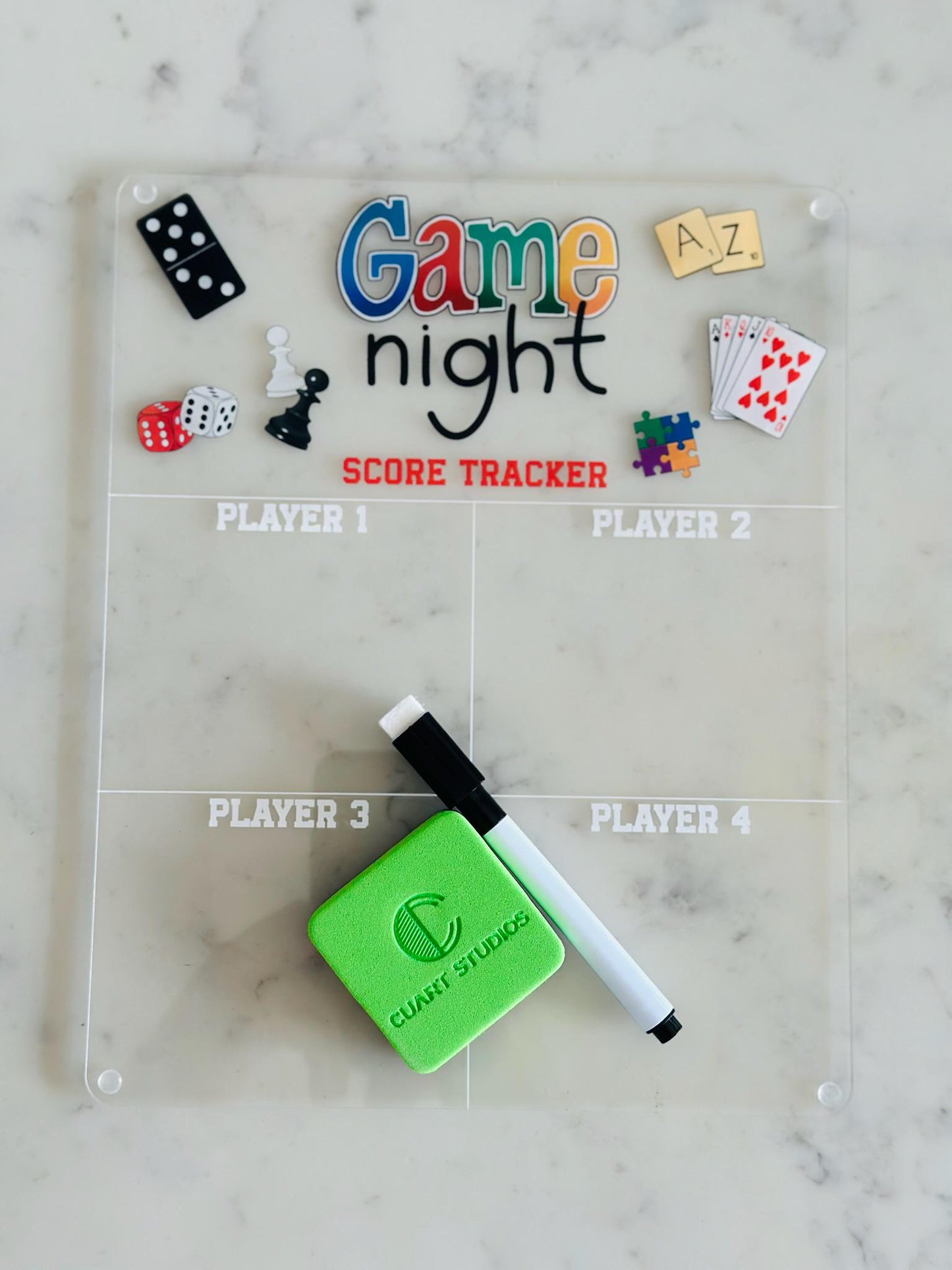 Game Night Scoreboard • Acrylic Dry Erase Score Tracker for 4 Players • Family Board Game Accessory