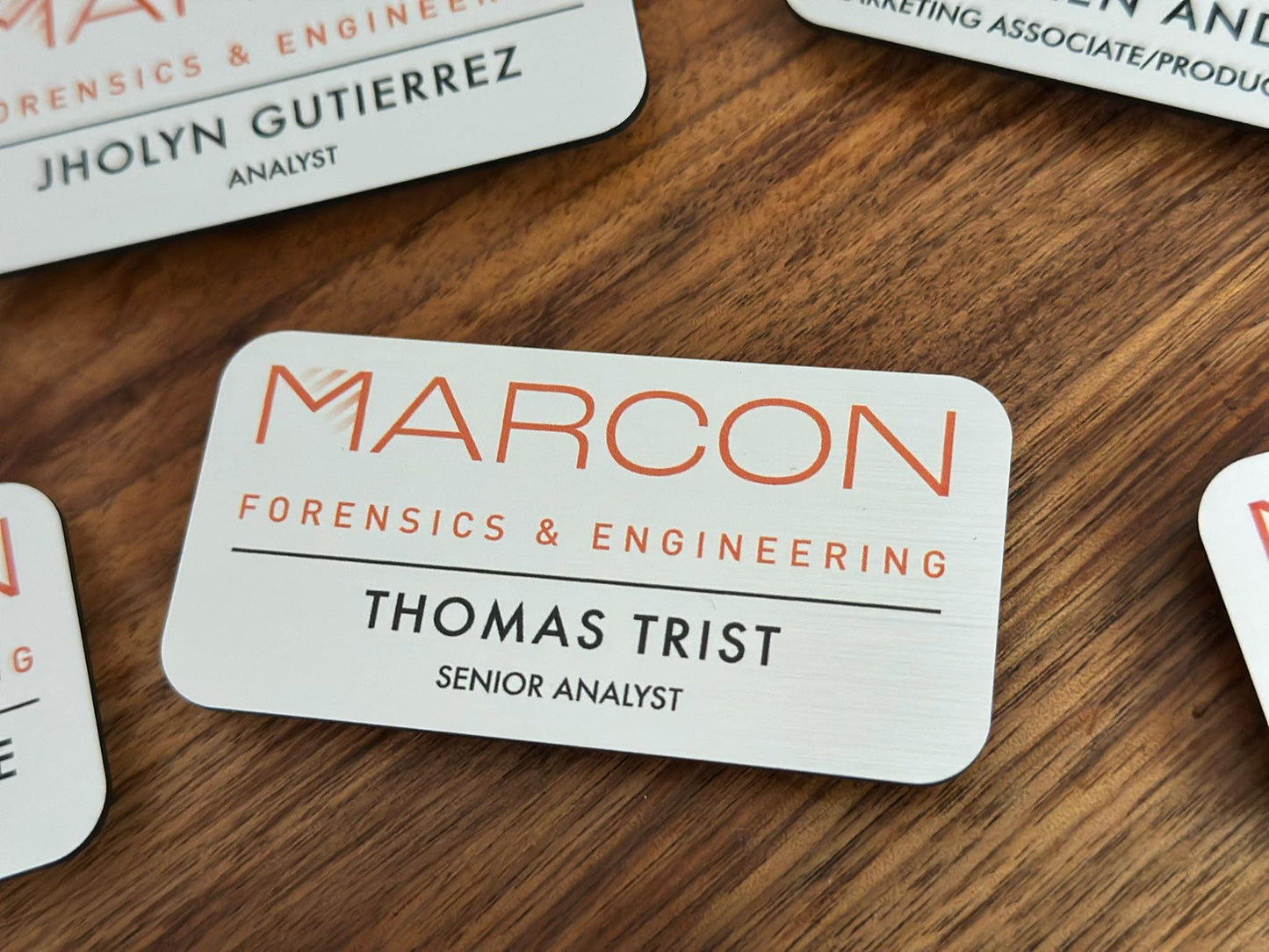 Custom Business Name Tags • Brushed Metal Acrylic Engraved Badges • Personalized Company Logo & Employee ID Tags