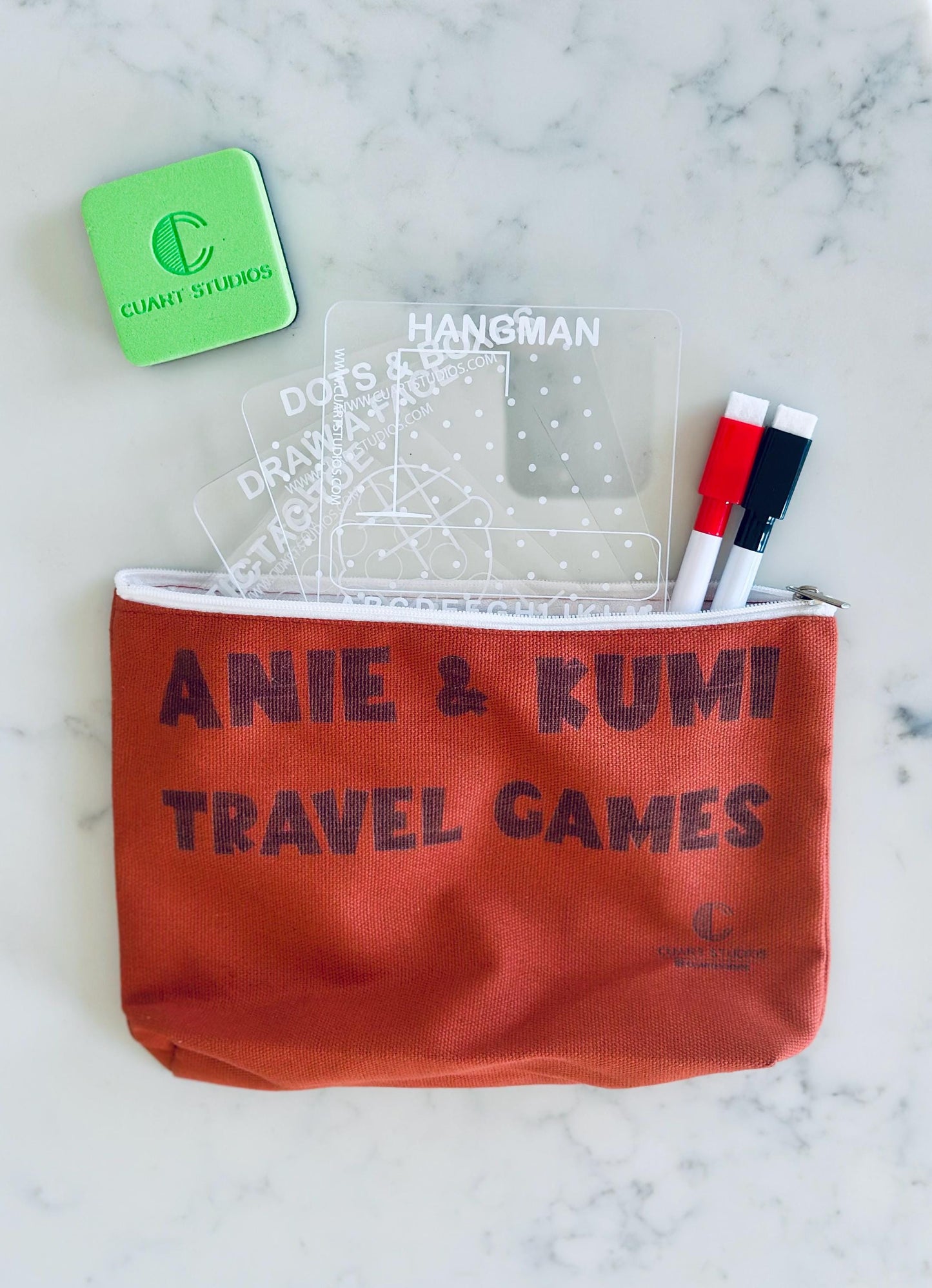 Personalized Travel Game Set | UV-Printed Reusable Acrylic Dry Erase Boards for Kids & Families