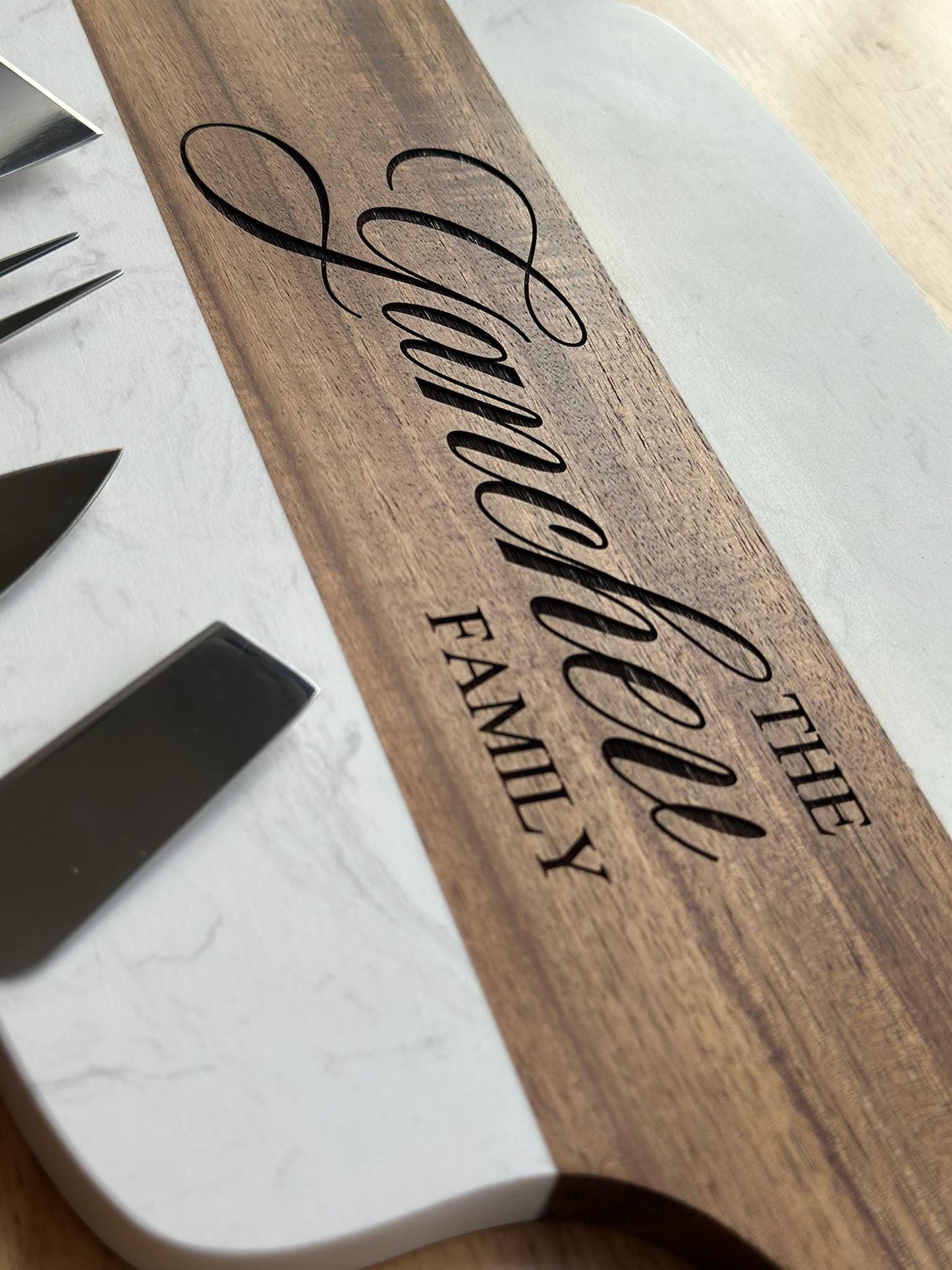 Personalized Cheese Board and Knife Set, Custom Family Name Charcuterie Board, Engraved Wood and Marble Serving Tray