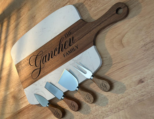 Personalized Cheese Board and Knife Set, Custom Family Name Charcuterie Board, Engraved Wood and Marble Serving Tray
